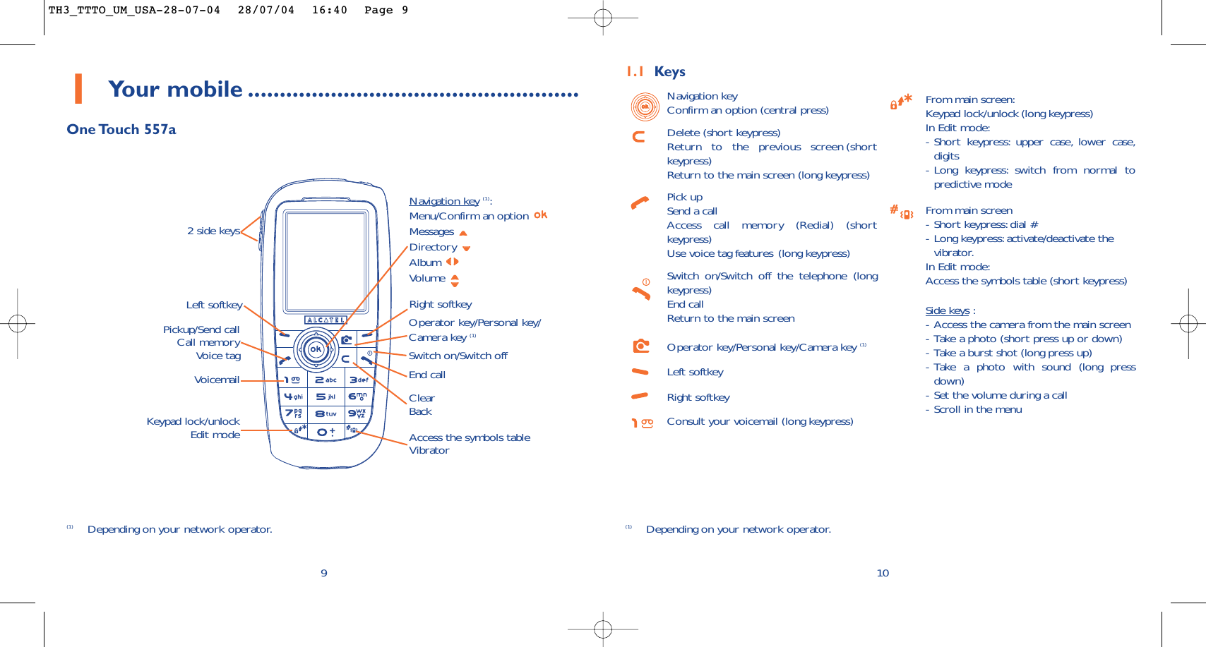 10Navigation keyConfirm an option (central press)Delete (short keypress)Return to the previous screen (shortkeypress)Return to the main screen (long keypress)Pick upSend a callAccess call memory (Redial) (shortkeypress)Use voice tag features (long keypress)Switch on/Switch off the telephone (longkeypress)End callReturn to the main screen Operator key/Personal key/Camera key (1)Left softkeyRight softkeyConsult your voicemail (long keypress)From main screen:Keypad lock/unlock (long keypress)In Edit mode:-Short keypress: upper case, lower case,digits-Long keypress: switch from normal topredictive modeFrom main screen-Short keypress: dial #-Long keypress:activate/deactivate thevibrator.In Edit mode:Access the symbols table (short keypress)Side keys :-Access the camera from the main screen-Take a photo (short press up or down)-Take a burst shot (long press up)-Take a photo with sound (long pressdown)-Set the volume during a call -Scroll in the menu1.1 Keys(1) Depending on your network operator.1Your mobile ....................................................One Touch  557a9(1) Depending on your network operator.ClearBackVoicemailSwitch on/Switch offKeypad lock/unlockEdit modeLeft softkey Right softkeyPickup/Send callCall memoryVoice tagNavigation key (1):Menu/Confirm an option Messages Directory Album Volume Access the symbols tableVibrator2 side keysEnd callOperator key/Personal key/Camera key (1)TH3_TTTO_UM_USA-28-07-04  28/07/04  16:40  Page 9