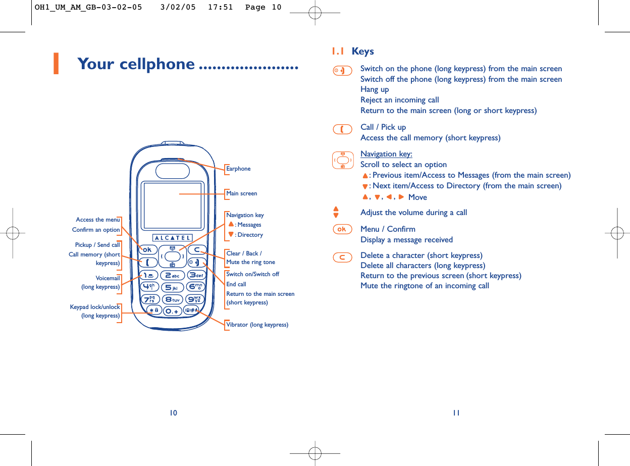 1.1 KeysSwitch on the phone (long keypress) from the main screenSwitch off the phone (long keypress) from the main screenHang upReject an incoming callReturn to the main screen (long or short keypress)Call / Pick upAccess the call memory (short keypress)Navigation key:Scroll to select an option:Previous item/Access to Messages (from the main screen):Next item/Access to Directory (from the main screen),,, MoveAdjust the volume during a callMenu / ConfirmDisplay a message receivedDelete a character (short keypress)Delete all characters (long keypress)Return to the previous screen (short keypress)Mute the ringtone of an incoming call11101Your cellphone ......................Navigation key:Messages:DirectoryMain screenSwitch on/Switch offEnd callReturn to the main screen(short keypress)EarphonePickup / Send callCall memory (shortkeypress)Voicemail  (long keypress)Access the menuConfirm an optionClear / Back / Mute the ring toneKeypad lock/unlock(long keypress)Vibrator (long keypress)OH1_UM_AM_GB-03-02-05   3/02/05  17:51  Page 10