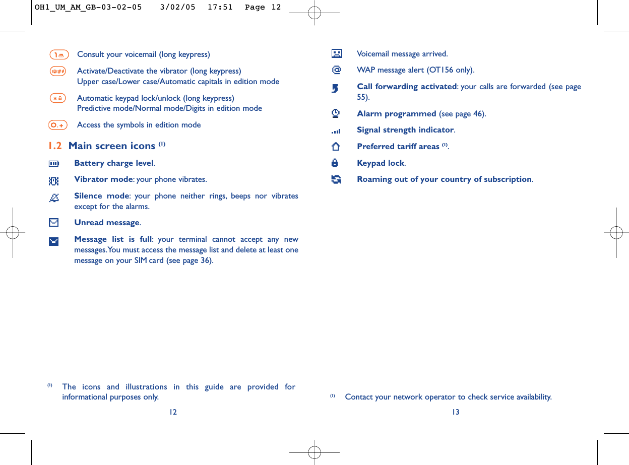 Voicemail message arrived.WAP message alert (OT156 only).Call forwarding activated:your calls are forwarded (see page55).Alarm programmed (see page 46).Signal strength indicator.Preferred tariff areas (1).Keypad lock.Roaming out of your country of subscription.13(1) Contact your network operator to check service availability.Consult your voicemail (long keypress)Activate/Deactivate the vibrator (long keypress)Upper case/Lower case/Automatic capitals in edition modeAutomatic keypad lock/unlock (long keypress)Predictive mode/Normal mode/Digits in edition modeAccess the symbols in edition mode1.2 Main screen icons (1)Battery charge level.Vibrator mode:your phone vibrates.Silence mode:your phone neither rings, beeps nor vibratesexcept for the alarms.Unread message.Message list is full:your terminal cannot accept any newmessages.You must access the message list and delete at least onemessage on your SIM card (see page 36).12(1) The icons and illustrations in this guide are provided forinformational purposes only.OH1_UM_AM_GB-03-02-05   3/02/05  17:51  Page 12