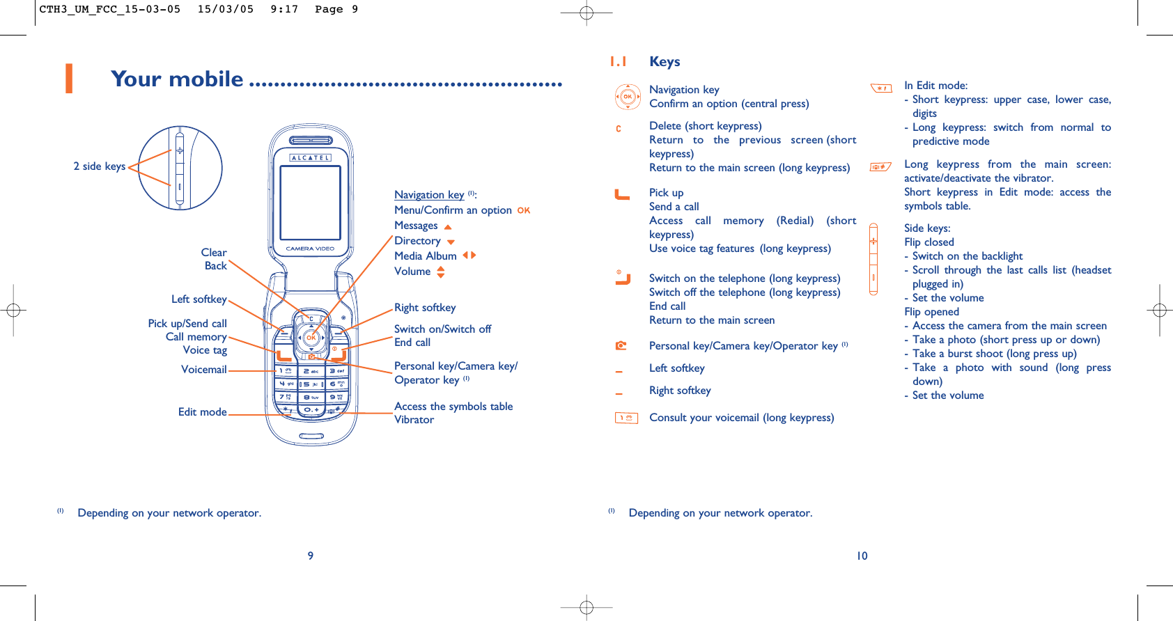 10Navigation keyConfirm an option (central press)Delete (short keypress)Return to the previous screen (shortkeypress)Return to the main screen (long keypress)Pick upSend a callAccess call memory (Redial) (shortkeypress)Use voice tag features (long keypress)Switch on the telephone (long keypress)Switch off the telephone (long keypress)End callReturn to the main screen Personal key/Camera key/Operator key (1)Left softkeyRight softkeyConsult your voicemail (long keypress)In Edit mode:- Short keypress: upper case, lower case,digits- Long keypress: switch from normal topredictive modeLong keypress from the main screen:activate/deactivate the vibrator.Short keypress in Edit mode: access thesymbols table.Side keys: Flip closed- Switch on the backlight- Scroll through the last calls list (headsetplugged in)- Set the volumeFlip opened- Access the camera from the main screen- Take a photo (short press up or down)- Take a burst shoot (long press up)- Take a photo with sound (long pressdown)- Set the volume1.1 Keys(1) Depending on your network operator.1Your mobile ..................................................9Personal key/Camera key/Operator key (1)VoicemailEdit modeLeft softkey Right softkeyClearBackPick up/Send callCall memoryVoice tagNavigation key (1):Menu/Confirm an option Messages Directory Media Album Volume Access the symbols tableVibrator(1) Depending on your network operator.Switch on/Switch offEnd call2 side keysCTH3_UM_FCC_15-03-05  15/03/05  9:17  Page 9