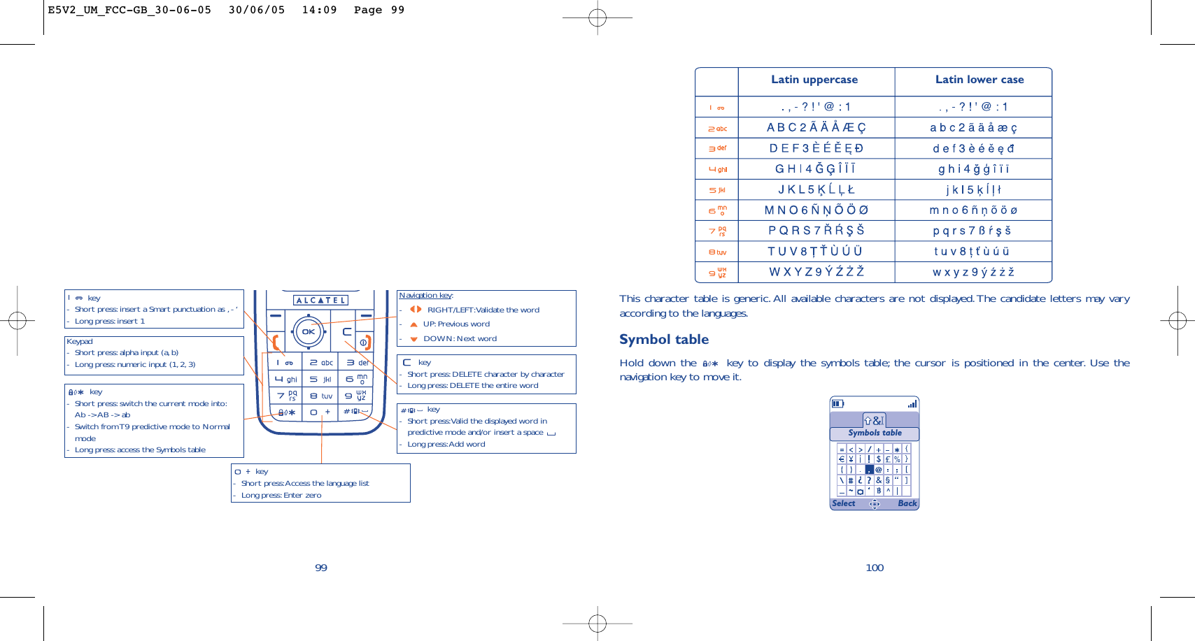 100This character table is generic. All available characters are not displayed. The candidate letters may varyaccording to the languages.Symbol tableHold down the  key to display the symbols table; the cursor is positioned in the center. Use thenavigation key to move it.Symbols table99Navigation key:-RIGHT/LEFT:Validate the word-UP: Previous word-DOWN: Next wordkey -Short press: insert a Smart punctuation as , - ‘ -Long press:insert 1Keypad-Short press: alpha input (a, b) -Long press:numeric input (1, 2, 3)key -Short press: switch the current mode into:Ab -&gt; AB -&gt; ab -Switch from T9 predictive mode to Normalmode-Long press:access the Symbols tablekey -Short press: DELETE character by character-Long press:DELETE the entire wordkey -Short press:Valid the displayed word inpredictive mode and/or insert a space -Long press:Add wordkey -Short press:Access the language list-Long press:Enter zero Select BackLatin uppercase Latin lower caseE5V2_UM_FCC-GB_30-06-05  30/06/05  14:09  Page 99