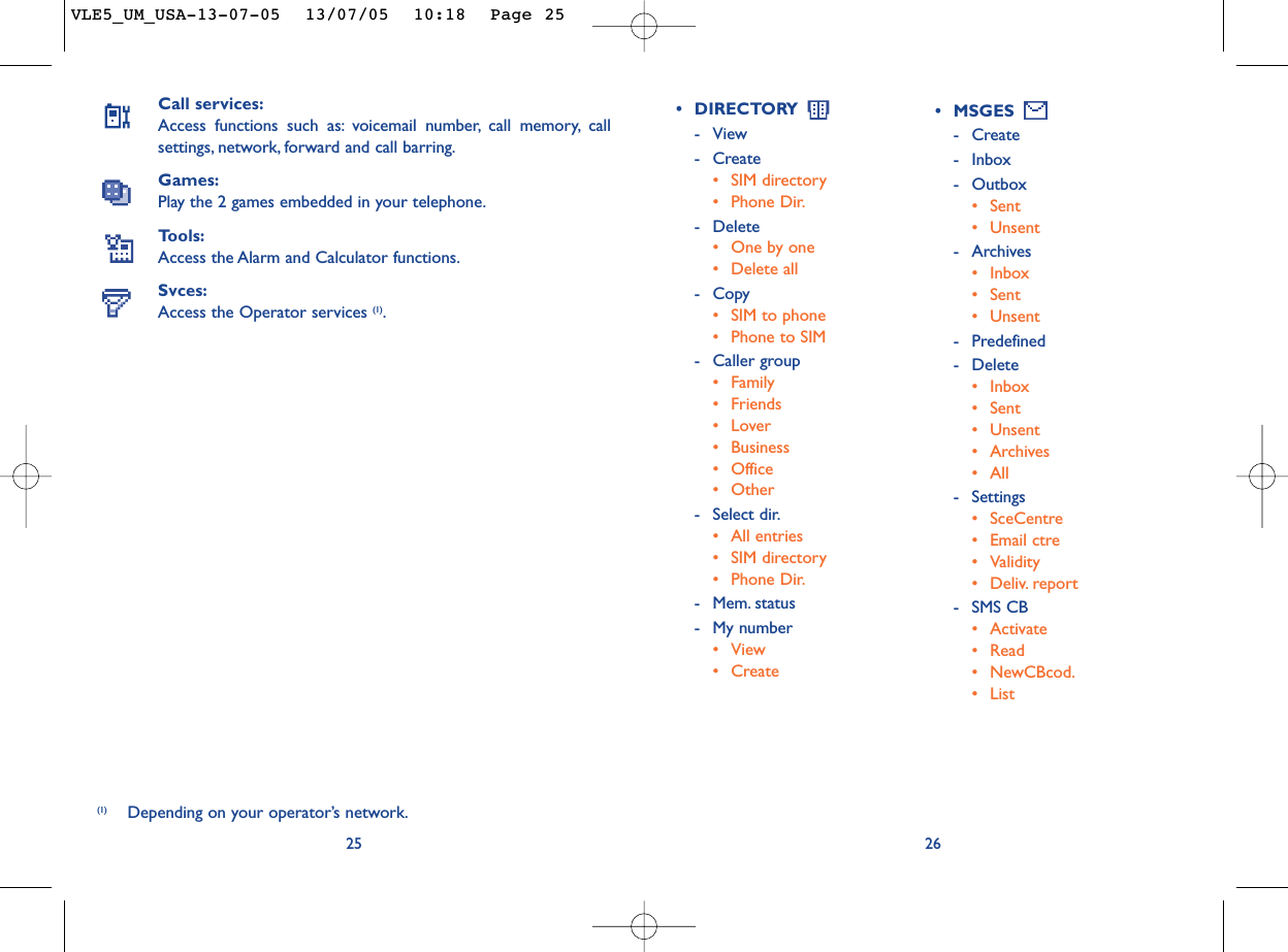 26•DIRECTORY -View-Create•SIM directory•Phone Dir.-Delete•One by one•Delete all -Copy•SIM to phone•Phone to SIM-Caller group•Family•Friends•Lover•Business•Office •Other-Select dir.•All entries•SIM directory•Phone Dir.-Mem. status-My number•View•CreateCall services:Access functions such as: voicemail number, call memory, callsettings, network, forward and call barring.Games:Play the 2 games embedded in your telephone.Tools:Access the Alarm and Calculator functions.Svces:Access the Operator services (1).25(1) Depending on your operator’s network.•MSGES -Create-Inbox-Outbox•Sent•Unsent-Archives•Inbox•Sent•Unsent-Predefined-Delete •Inbox•Sent•Unsent•Archives• All-Settings•SceCentre•Email ctre•Validity•Deliv. report-SMS CB•Activate•Read•NewCBcod.•ListVLE5_UM_USA-13-07-05  13/07/05  10:18  Page 25
