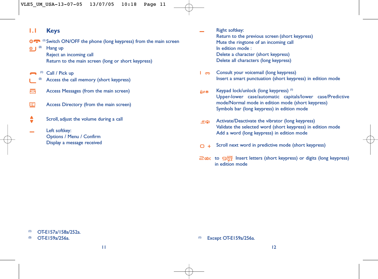 Right softkey:Return to the previous screen (short keypress)Mute the ringtone of an incoming callIn edition mode :Delete a character (short keypress)Delete all characters (long keypress)Consult your voicemail (long keypress)Insert a smart punctuation (short keypress) in edition modeKeypad lock/unlock (long keypress) (1)Upper-lower case/automatic capitals/lower case/Predictivemode/Normal mode in edition mode (short keypress)Symbols bar (long keypress) in edition modeActivate/Deactivate the vibrator (long keypress)Validate the selected word (short keypress) in edition modeAdd a word (long keypress) in edition modeScroll next word in predictive mode (short keypress)to  Insert letters (short keypress) or digits (long keypress)in edition mode12(1) Except OT-E159a/256a.111.1 Keys(1) Switch ON/OFF the phone (long keypress) from the main screen(2) Hang upReject an incoming callReturn to the main screen (long or short keypress)(1) Call / Pick up(2) Access the call memory (short keypress)Access Messages (from the main screen)Access Directory (from the main screen)Scroll, adjust the volume during a callLeft softkey:Options / Menu / ConfirmDisplay a message received(1) OT-E157a/158a/252a.(2) OT-E159a/256a.VLE5_UM_USA-13-07-05  13/07/05  10:18  Page 11