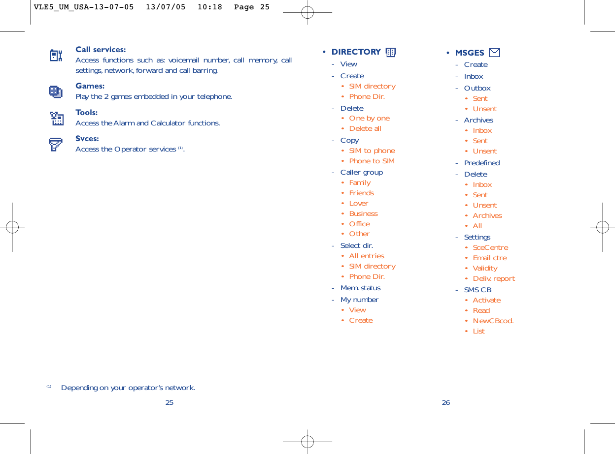 26•DIRECTORY -View-Create•SIM directory•Phone Dir.-Delete•One by one•Delete all -Copy•SIM to phone•Phone to SIM-Caller group•Family•Friends•Lover•Business•Office •Other-Select dir.•All entries•SIM directory•Phone Dir.-Mem. status-My number•View•CreateCall services:Access functions such as: voicemail number, call memory, callsettings, network, forward and call barring.Games:Play the 2 games embedded in your telephone.Tools:Access the Alarm and Calculator functions.Svces:Access the Operator services (1).25(1) Depending on your operator’s network.•MSGES -Create-Inbox-Outbox•Sent•Unsent-Archives•Inbox•Sent•Unsent-Predefined-Delete •Inbox•Sent•Unsent•Archives• All-Settings•SceCentre•Email ctre•Validity•Deliv. report-SMS CB•Activate•Read•NewCBcod.•ListVLE5_UM_USA-13-07-05  13/07/05  10:18  Page 25