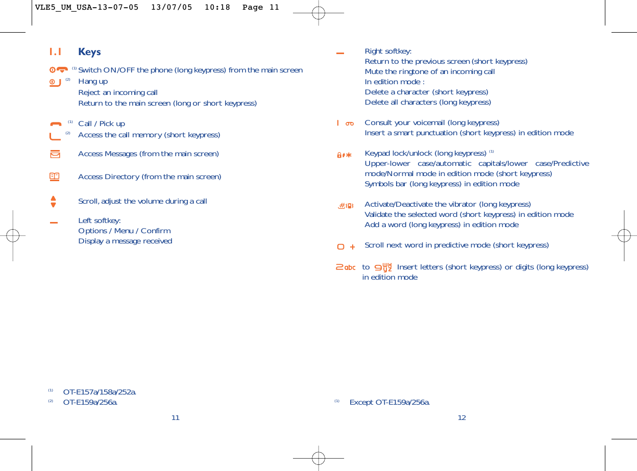 Right softkey:Return to the previous screen (short keypress)Mute the ringtone of an incoming callIn edition mode :Delete a character (short keypress)Delete all characters (long keypress)Consult your voicemail (long keypress)Insert a smart punctuation (short keypress) in edition modeKeypad lock/unlock (long keypress) (1)Upper-lower case/automatic capitals/lower case/Predictivemode/Normal mode in edition mode (short keypress)Symbols bar (long keypress) in edition modeActivate/Deactivate the vibrator (long keypress)Validate the selected word (short keypress) in edition modeAdd a word (long keypress) in edition modeScroll next word in predictive mode (short keypress)to  Insert letters (short keypress) or digits (long keypress)in edition mode12(1) Except OT-E159a/256a.111.1 Keys(1) Switch ON/OFF the phone (long keypress) from the main screen(2) Hang upReject an incoming callReturn to the main screen (long or short keypress)(1) Call / Pick up(2) Access the call memory (short keypress)Access Messages (from the main screen)Access Directory (from the main screen)Scroll,adjust the volume during a callLeft softkey:Options / Menu / ConfirmDisplay a message received(1) OT-E157a/158a/252a.(2) OT-E159a/256a.VLE5_UM_USA-13-07-05  13/07/05  10:18  Page 11