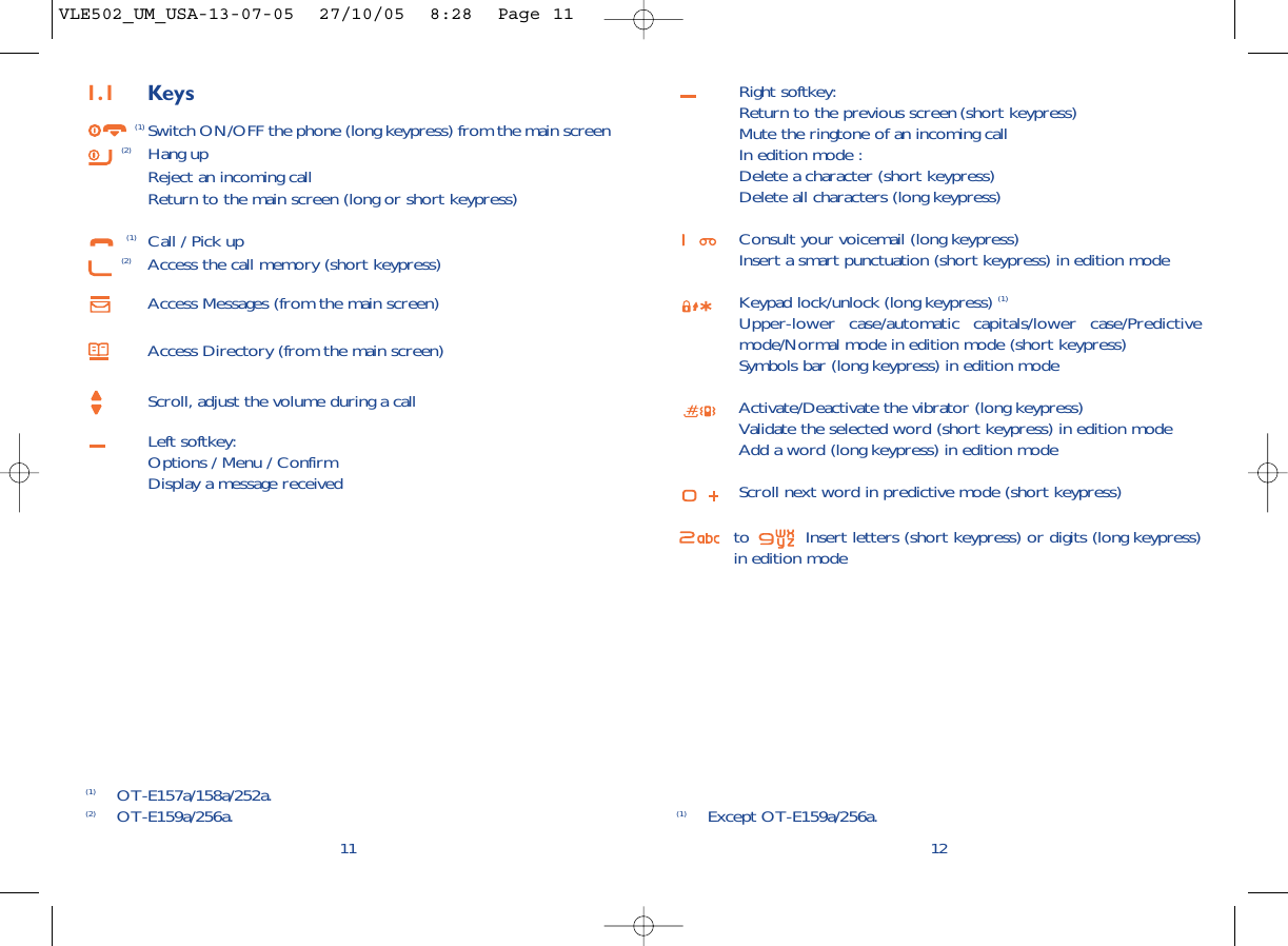 Right softkey:Return to the previous screen (short keypress)Mute the ringtone of an incoming callIn edition mode : Delete a character (short keypress)Delete all characters (long keypress)Consult your voicemail (long keypress)Insert a smart punctuation (short keypress) in edition modeKeypad lock/unlock (long keypress) (1)Upper-lower case/automatic capitals/lower case/Predictivemode/Normal mode in edition mode (short keypress)Symbols bar (long keypress) in edition modeActivate/Deactivate the vibrator (long keypress)Validate the selected word (short keypress) in edition modeAdd a word (long keypress) in edition modeScroll next word in predictive mode (short keypress)to  Insert letters (short keypress) or digits (long keypress)in edition mode12(1) Except OT-E159a/256a.111.1 Keys(1) Switch ON/OFF the phone (long keypress) from the main screen(2) Hang upReject an incoming callReturn to the main screen (long or short keypress)(1) Call / Pick up(2) Access the call memory (short keypress)Access Messages (from the main screen)Access Directory (from the main screen)Scroll, adjust the volume during a callLeft softkey:Options / Menu / ConfirmDisplay a message received(1) OT-E157a/158a/252a.(2) OT-E159a/256a.VLE502_UM_USA-13-07-05  27/10/05  8:28  Page 11