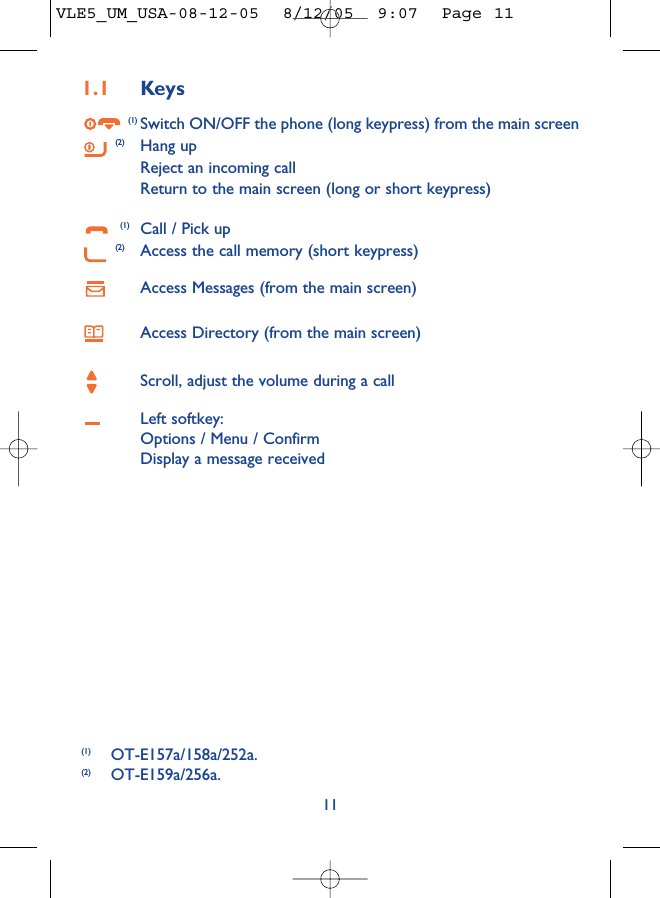 111.1 Keys(1) Switch ON/OFF the phone (long keypress) from the main screen(2) Hang upReject an incoming callReturn to the main screen (long or short keypress)(1) Call / Pick up(2) Access the call memory (short keypress)Access Messages (from the main screen)Access Directory (from the main screen)Scroll, adjust the volume during a callLeft softkey:Options / Menu / ConfirmDisplay a message received(1) OT-E157a/158a/252a.(2) OT-E159a/256a.VLE5_UM_USA-08-12-05  8/12/05  9:07  Page 11