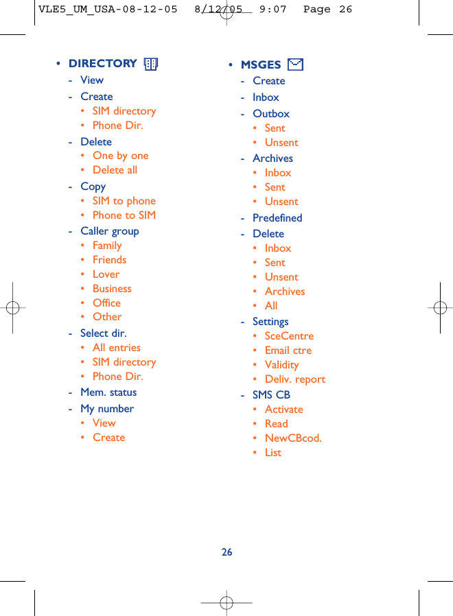 26• DIRECTORY - View- Create• SIM directory• Phone Dir.- Delete• One by one• Delete all - Copy• SIM to phone• Phone to SIM- Caller group• Family• Friends• Lover• Business• Office • Other- Select dir.• All entries• SIM directory• Phone Dir.- Mem. status- My number• View• Create• MSGES - Create- Inbox- Outbox• Sent• Unsent- Archives• Inbox• Sent• Unsent- Predefined- Delete • Inbox• Sent• Unsent• Archives• All- Settings• SceCentre• Email ctre• Validity• Deliv. report- SMS CB• Activate• Read• NewCBcod. • ListVLE5_UM_USA-08-12-05  8/12/05  9:07  Page 26