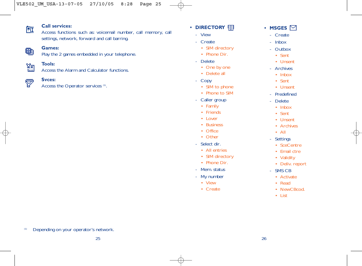 26• DIRECTORY - View- Create• SIM directory• Phone Dir.- Delete• One by one• Delete all - Copy• SIM to phone• Phone to SIM- Caller group• Family• Friends• Lover• Business• Office • Other- Select dir.• All entries• SIM directory• Phone Dir.- Mem. status- My number• View• CreateCall services:Access functions such as: voicemail number, call memory, callsettings, network, forward and call barring.Games:Play the 2 games embedded in your telephone.Tools:Access the Alarm and Calculator functions.Svces:Access the Operator services (1).25(1) Depending on your operator’s network.• MSGES - Create- Inbox- Outbox• Sent• Unsent- Archives• Inbox• Sent• Unsent- Predefined- Delete • Inbox• Sent• Unsent• Archives• All- Settings• SceCentre• Email ctre• Validity• Deliv. report- SMS CB• Activate• Read• NewCBcod. • ListVLE502_UM_USA-13-07-05  27/10/05  8:28  Page 25