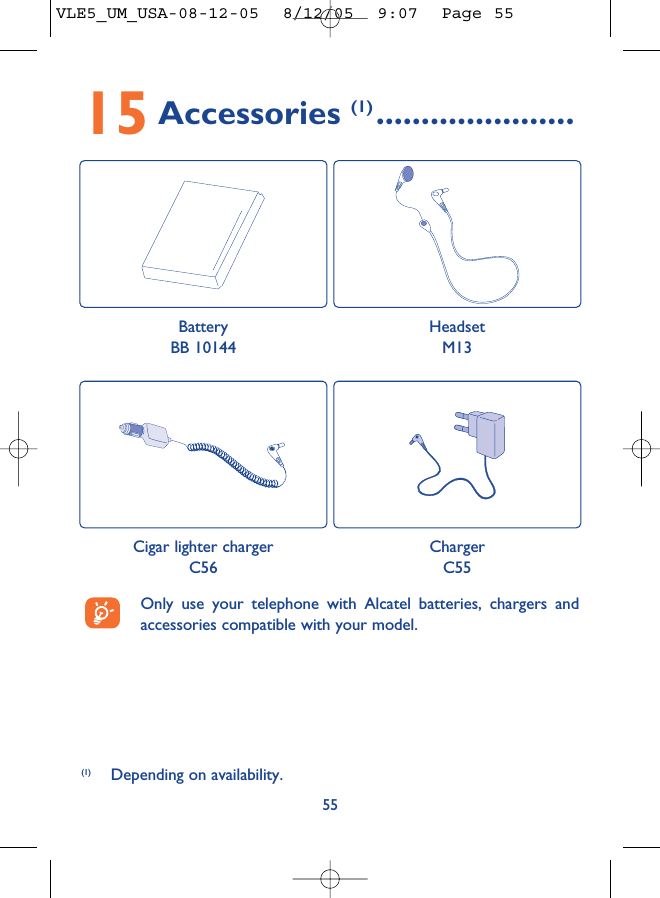 5515 Accessories (1) ......................(1) Depending on availability.Only use your telephone with Alcatel batteries, chargers andaccessories compatible with your model.BatteryBB 10144HeadsetM13Cigar lighter chargerC56ChargerC55VLE5_UM_USA-08-12-05  8/12/05  9:07  Page 55