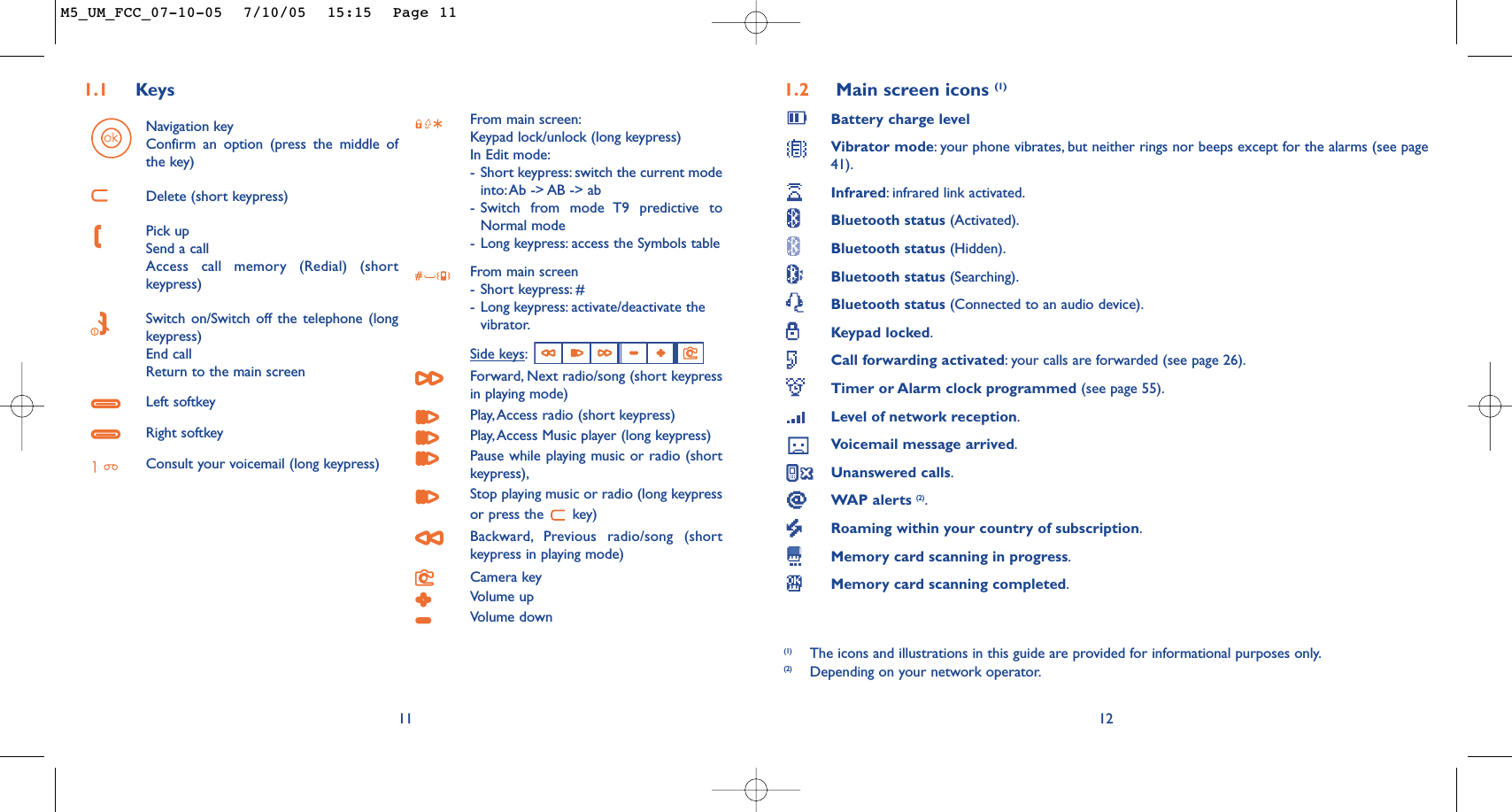 1.2 Main screen icons (1)Battery charge levelVibrator mode:your phone vibrates, but neither rings nor beeps except for the alarms (see page41).Infrared:infrared link activated.Bluetooth status (Activated).Bluetooth status (Hidden).Bluetooth status (Searching).Bluetooth status (Connected to an audio device).Keypad locked.Call forwarding activated:your calls are forwarded (see page 26).Timer or Alarm clock programmed (see page 55).Level of network reception.Voicemail message arrived.Unanswered calls.WAP alerts (2).Roaming within your country of subscription.Memory card scanning in progress.Memory card scanning completed.12(1) The icons and illustrations in this guide are provided for informational purposes only.(2) Depending on your network operator.11Navigation keyConfirm an option (press the middle ofthe key)Delete (short keypress)Pick upSend a callAccess call memory (Redial) (shortkeypress)Switch on/Switch off the telephone (longkeypress)End callReturn to the main screen Left softkeyRight softkeyConsult your voicemail (long keypress)From main screen:Keypad lock/unlock (long keypress)In Edit mode:-Short keypress: switch the current modeinto:Ab -&gt; AB -&gt; ab -Switch from mode T9 predictive toNormal mode-Long keypress: access the Symbols tableFrom main screen-Short keypress: #-Long keypress: activate/deactivate thevibrator.Side keys:Forward, Next radio/song (short keypressin playing mode)Play, Access radio (short keypress)Play, Access Music player (long keypress)Pause while playing music or radio (shortkeypress),Stop playing music or radio (long keypressor press the  key)Backward, Previous radio/song (shortkeypress in playing mode)Camera keyVolume upVolume down1.1 KeysM5_UM_FCC_07-10-05  7/10/05  15:15  Page 11