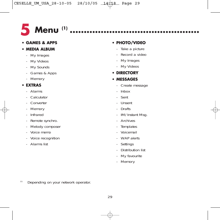 295Menu (1) ..............................................• GAMES &amp; APPS• MEDIA ALBUM- My Images- My Videos - My Sounds- Games &amp; Apps- Memory• EXTRAS- Alarms- Calculator- Converter- Memory- Infrared- Remote synchro.- Melody composer- Voice memo- Voice recognition- Alarms list• PHOTO/VIDEO- Take a picture- Record a video- My Images- My Videos • DIRECTORY• MESSAGES- Create message- Inbox- Sent - Unsent- Drafts- IM/Instant Msg.- Archives- Templates- Voicemail- WAP alerts- Settings- Distribution list- My favourite- Memory(1) Depending on your network operator.CE5ELLE_UM_USA_28-10-05  28/10/05  14:18  Page 29