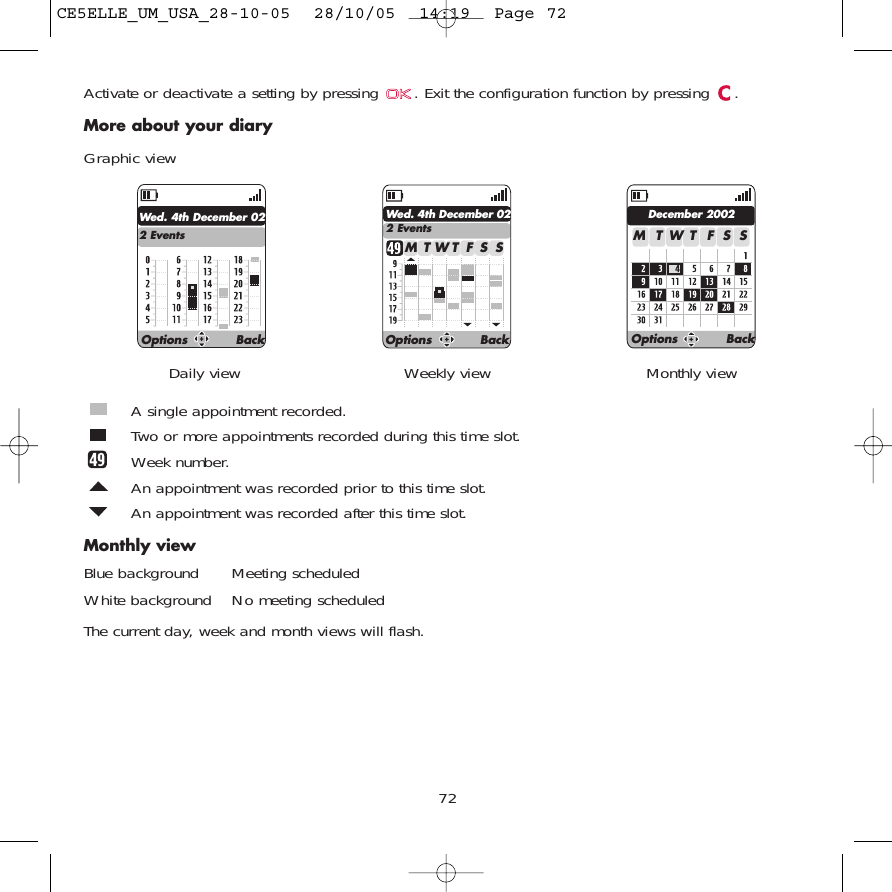 72Daily view Weekly view Monthly viewActivate or deactivate a setting by pressing  . Exit the configuration function by pressing  .More about your diaryGraphic viewA single appointment recorded.Two or more appointments recorded during this time slot.Week number.An appointment was recorded prior to this time slot.An appointment was recorded after this time slot.Monthly viewBlue background Meeting scheduledWhite background No meeting scheduledThe current day, week and month views will flash.Wed. 4th December 022 EventsWed. 4th December 022 EventsDecember 2002TMWFTSS TMWFTSSOptions Back Options Back Options BackCE5ELLE_UM_USA_28-10-05  28/10/05  14:19  Page 72
