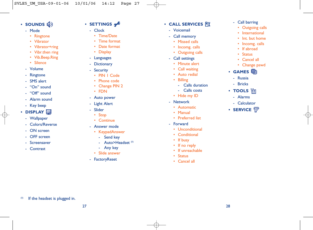 2827• SETTINGS - Clock• Time/Date• Time format• Date format• Display- Languages- Dictionary- Security• PIN 1 Code• Phone code• Change PIN 2• FDN- Auto power- Light Alert- Slider• Stop• Continue- Answer mode• KeypadAnswer- Send key- Auto&gt;Headset (1)- Any key• Slide answer- FactoryReset- Call barring• Outgoing calls• International • Int. but home• Incomg. calls • If abroad• Status• Cancel all• Change pswd• GAMES - Russia- Bricks• TOOLS - Alarms- Calculator• SERVICE (1) If the headset is plugged in.• SOUNDS - Mode• Ringtone• Vibrator• Vibrator+ring• Vibr.then ring• Vib.Beep.Ring• Silence- Volume- Ringtone- SMS alert- “On” sound- “Off” sound- Alarm sound- Key beep• DISPLAY - Wallpaper- Colors/Reverse- ON screen- OFF screen- Screensaver- Contrast• CALL SERVICES - Voicemail- Call memory• Missed calls• Incomg. calls• Outgoing calls- Call settings• Minute alert• Call waiting• Auto redial• Billing- Calls duration- Calls costs• Hide my ID- Network• Automatic• Manual• Preferred list- Forward• Unconditional• Conditional• If busy• If no reply• If unreachable• Status• Cancel allSVLE5_UM_USA-09-01-06  10/01/06  14:12  Page 27