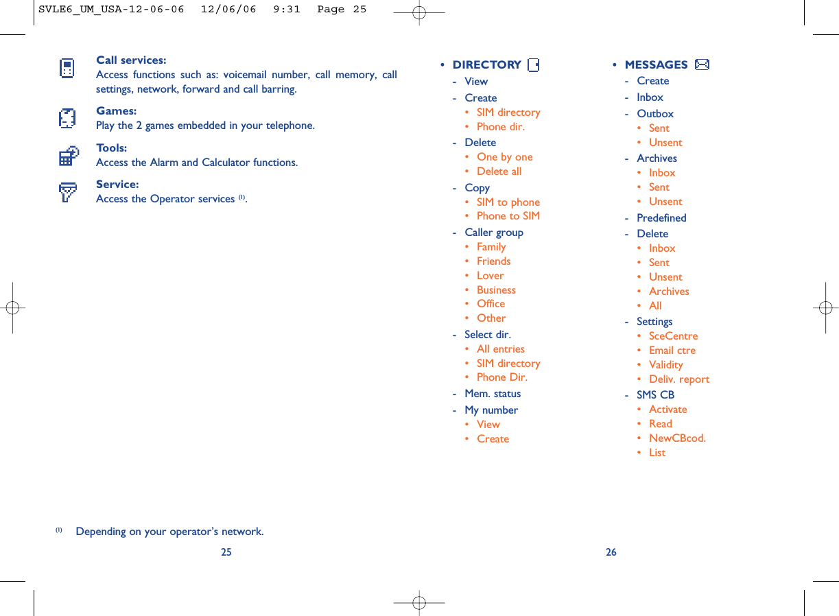 26• DIRECTORY - View- Create• SIM directory• Phone dir.- Delete• One by one• Delete all - Copy• SIM to phone• Phone to SIM- Caller group• Family• Friends• Lover• Business• Office • Other- Select dir.• All entries• SIM directory• Phone Dir.- Mem. status- My number• View• CreateCall services:Access functions such as: voicemail number, call memory, callsettings, network, forward and call barring.Games:Play the 2 games embedded in your telephone.Tools:Access the Alarm and Calculator functions.Service:Access the Operator services (1).25(1) Depending on your operator’s network.• MESSAGES - Create- Inbox- Outbox• Sent• Unsent- Archives• Inbox• Sent• Unsent- Predefined- Delete • Inbox• Sent• Unsent• Archives• All- Settings• SceCentre• Email ctre• Validity• Deliv. report- SMS CB• Activate• Read• NewCBcod. • ListSVLE6_UM_USA-12-06-06  12/06/06  9:31  Page 25