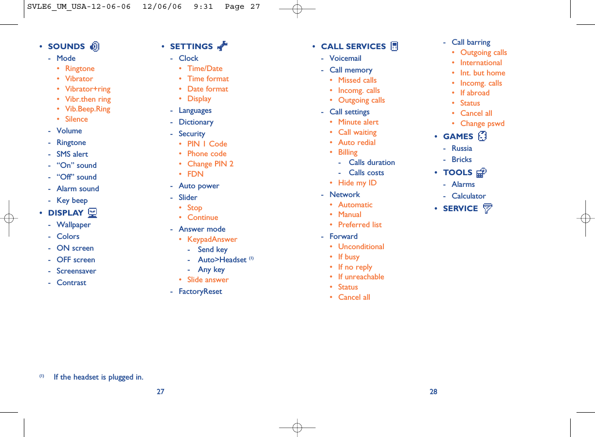 2827• SETTINGS - Clock• Time/Date• Time format• Date format• Display- Languages- Dictionary- Security• PIN 1 Code• Phone code• Change PIN 2• FDN- Auto power- Slider• Stop• Continue- Answer mode• KeypadAnswer- Send key- Auto&gt;Headset (1)- Any key• Slide answer- FactoryReset- Call barring• Outgoing calls• International • Int. but home• Incomg. calls • If abroad• Status• Cancel all• Change pswd• GAMES - Russia- Bricks• TOOLS - Alarms- Calculator• SERVICE (1) If the headset is plugged in.• SOUNDS - Mode• Ringtone• Vibrator• Vibrator+ring• Vibr.then ring• Vib.Beep.Ring• Silence- Volume- Ringtone- SMS alert- “On” sound- “Off” sound- Alarm sound- Key beep• DISPLAY - Wallpaper- Colors- ON screen- OFF screen- Screensaver- Contrast• CALL SERVICES - Voicemail- Call memory• Missed calls• Incomg. calls• Outgoing calls- Call settings• Minute alert• Call waiting• Auto redial• Billing- Calls duration- Calls costs• Hide my ID- Network• Automatic• Manual• Preferred list- Forward• Unconditional• If busy• If no reply• If unreachable• Status• Cancel allSVLE6_UM_USA-12-06-06  12/06/06  9:31  Page 27