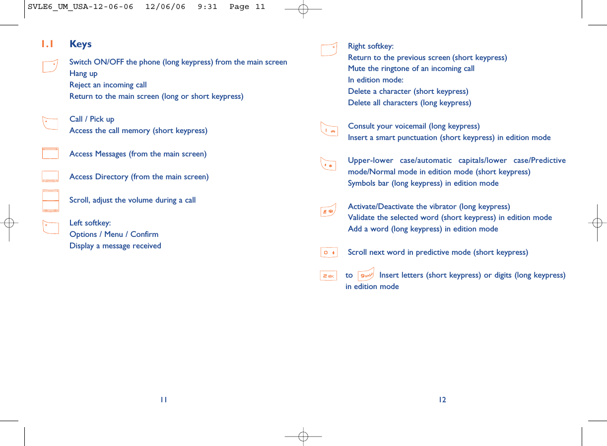Right softkey:Return to the previous screen (short keypress)Mute the ringtone of an incoming callIn edition mode: Delete a character (short keypress)Delete all characters (long keypress)Consult your voicemail (long keypress)Insert a smart punctuation (short keypress) in edition modeUpper-lower case/automatic capitals/lower case/Predictivemode/Normal mode in edition mode (short keypress)Symbols bar (long keypress) in edition modeActivate/Deactivate the vibrator (long keypress)Validate the selected word (short keypress) in edition modeAdd a word (long keypress) in edition modeScroll next word in predictive mode (short keypress)to  Insert letters (short keypress) or digits (long keypress)in edition mode12111.1 KeysSwitch ON/OFF the phone (long keypress) from the main screenHang upReject an incoming callReturn to the main screen (long or short keypress)Call / Pick upAccess the call memory (short keypress)Access Messages (from the main screen)Access Directory (from the main screen)Scroll, adjust the volume during a callLeft softkey:Options / Menu / ConfirmDisplay a message receivedSVLE6_UM_USA-12-06-06  12/06/06  9:31  Page 11