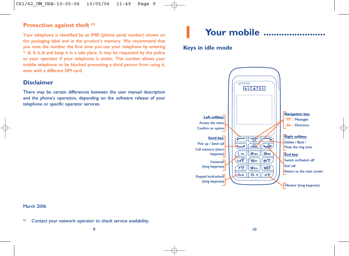 101Your mobile ........................Keys in idle modeNavigation key:: Messages: DirectoryEnd key:Switch on/Switch offEnd callReturn to the main screen Send key:Pick up / Send callCall memory (shortkeypress)Voicemail(long keypress)Keypad lock/unlock(long keypress)Vibrator (long keypress)Left softkey:Access the menuConfirm an optionRight softkey:Delete / Back / Mute the ring toneProtection against theft (1)Your telephone is identified by an IMEI (phone serial number) shown onthe packaging label and in the product’s memory. We recommend thatyou note the number the first time you use your telephone by entering*, #, 0, 6, # and keep it in a safe place. It may be requested by the policeor your operator if your telephone is stolen. This number allows yourmobile telephone to be blocked preventing a third person from using it,even with a different SIM card.DisclaimerThere may be certain differences between the user manual descriptionand the phone’s operation, depending on the software release of yourtelephone or specific operator services.March 20069(1) Contact your network operator to check service availability.C61/62_UM_USA-10-05-06  10/05/06  11:49  Page 9