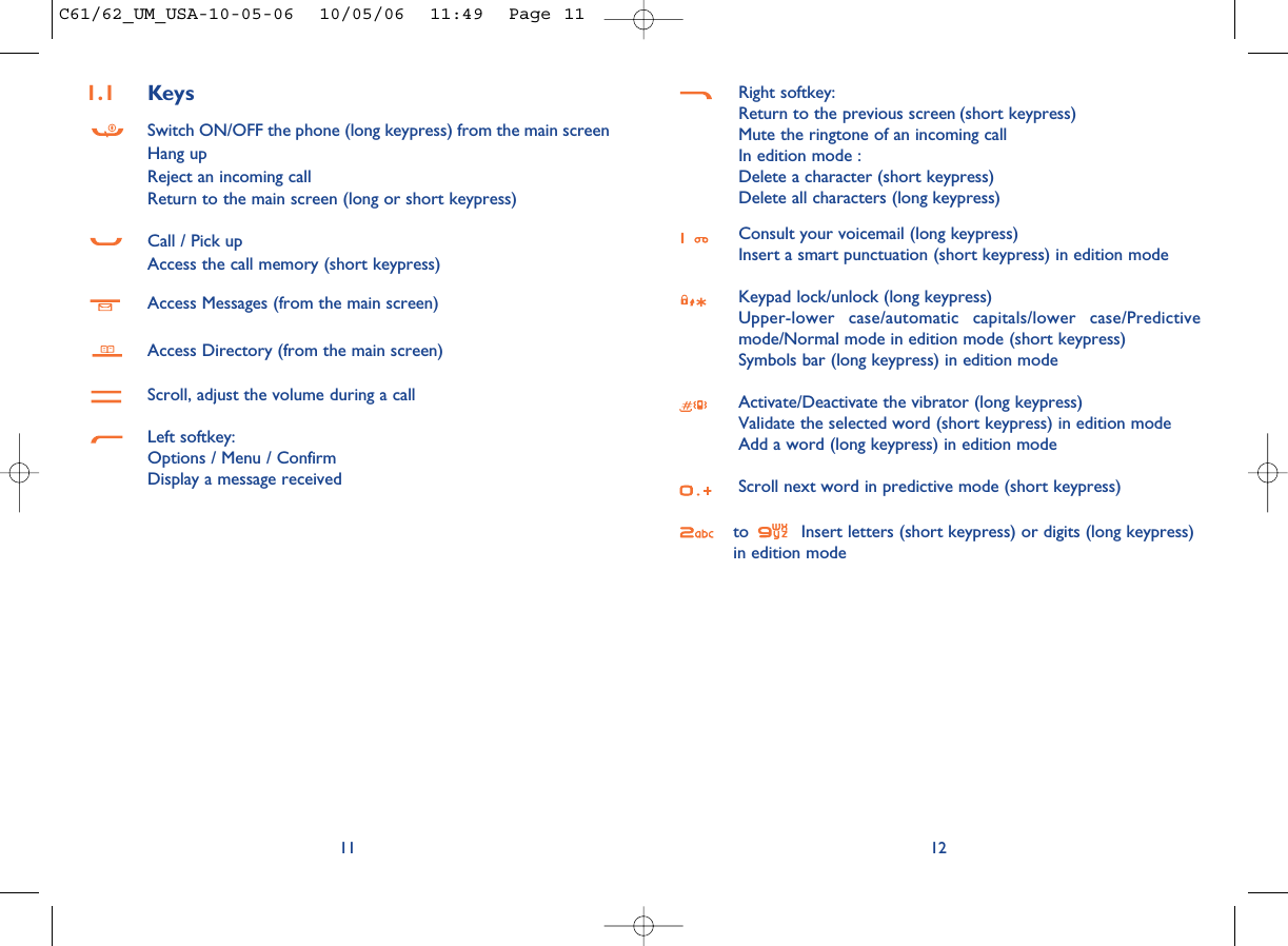 Right softkey:Return to the previous screen (short keypress)Mute the ringtone of an incoming callIn edition mode : Delete a character (short keypress)Delete all characters (long keypress)Consult your voicemail (long keypress)Insert a smart punctuation (short keypress) in edition modeKeypad lock/unlock (long keypress)Upper-lower case/automatic capitals/lower case/Predictivemode/Normal mode in edition mode (short keypress)Symbols bar (long keypress) in edition modeActivate/Deactivate the vibrator (long keypress)Validate the selected word (short keypress) in edition modeAdd a word (long keypress) in edition modeScroll next word in predictive mode (short keypress)to  Insert letters (short keypress) or digits (long keypress) in edition mode12111.1 KeysSwitch ON/OFF the phone (long keypress) from the main screenHang upReject an incoming callReturn to the main screen (long or short keypress)Call / Pick upAccess the call memory (short keypress)Access Messages (from the main screen)Access Directory (from the main screen)Scroll, adjust the volume during a callLeft softkey:Options / Menu / ConfirmDisplay a message receivedC61/62_UM_USA-10-05-06  10/05/06  11:49  Page 11