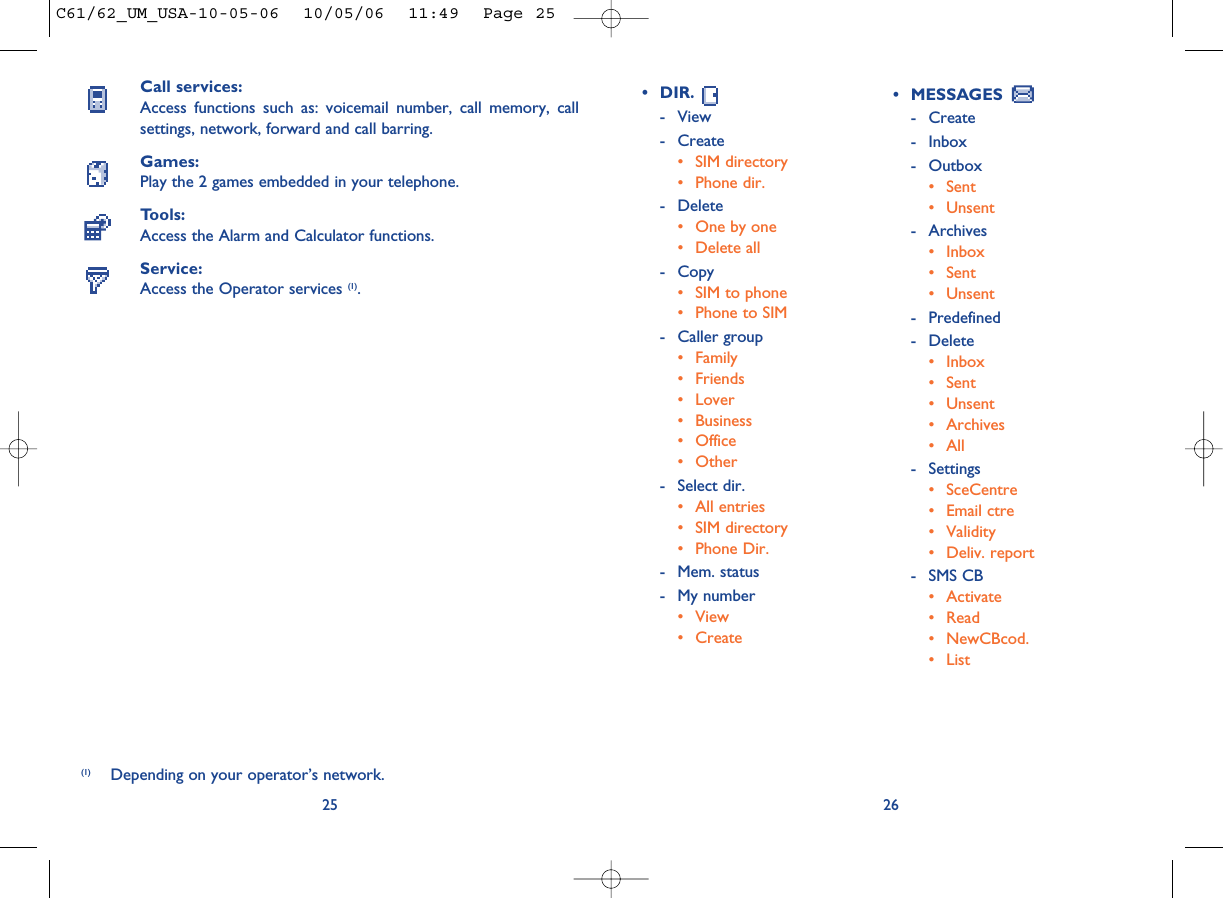 26• DIR.- View- Create• SIM directory• Phone dir.- Delete• One by one• Delete all - Copy• SIM to phone• Phone to SIM- Caller group• Family• Friends• Lover• Business• Office • Other- Select dir.• All entries• SIM directory• Phone Dir.- Mem. status- My number• View• CreateCall services:Access functions such as: voicemail number, call memory, callsettings, network, forward and call barring.Games:Play the 2 games embedded in your telephone.Tools:Access the Alarm and Calculator functions.Service:Access the Operator services (1).25(1) Depending on your operator’s network.• MESSAGES - Create- Inbox- Outbox• Sent• Unsent- Archives• Inbox• Sent• Unsent- Predefined- Delete • Inbox• Sent• Unsent• Archives• All- Settings• SceCentre• Email ctre• Validity• Deliv. report- SMS CB• Activate• Read• NewCBcod. • ListC61/62_UM_USA-10-05-06  10/05/06  11:49  Page 25