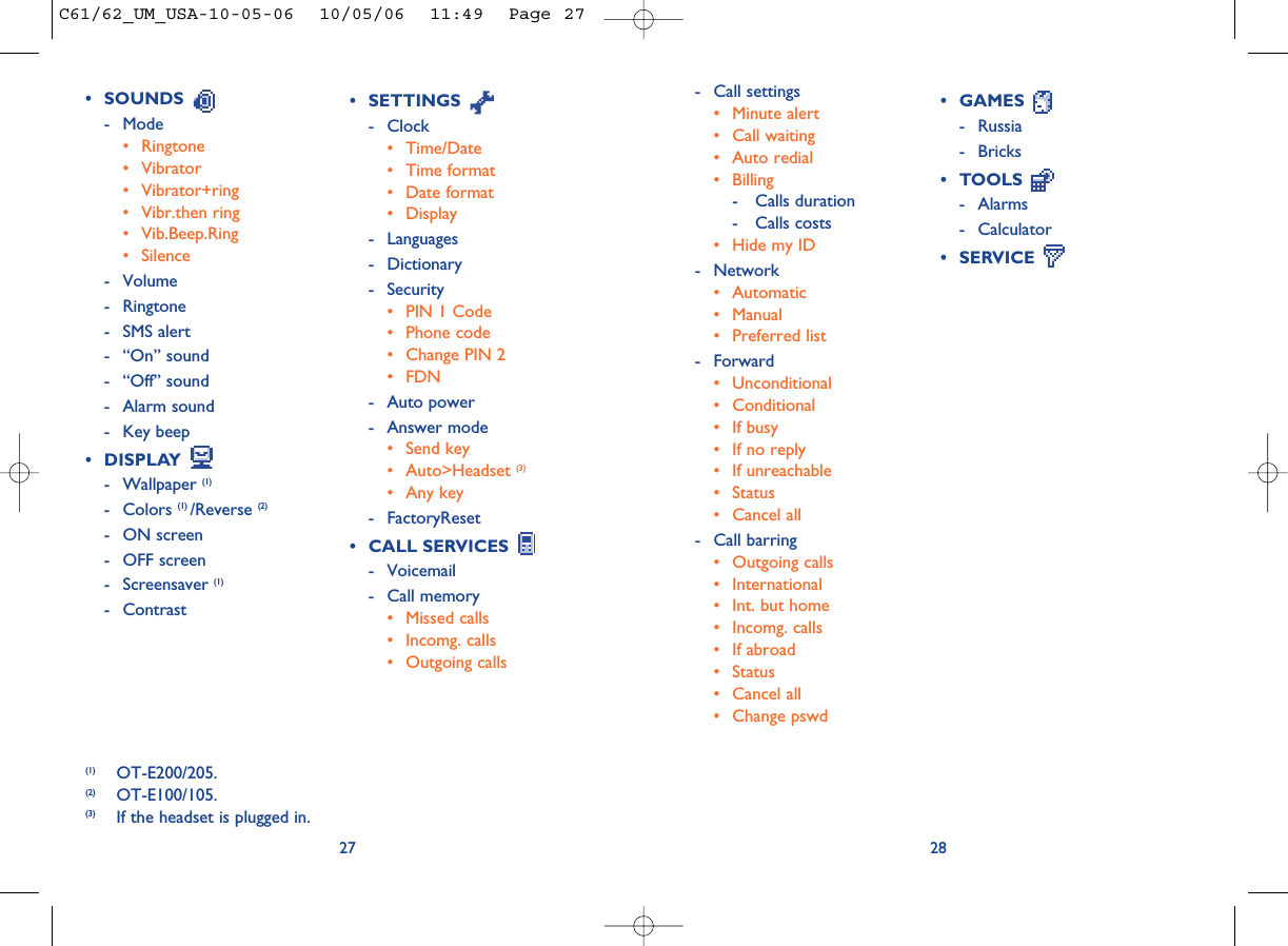 2827• SETTINGS - Clock• Time/Date• Time format• Date format• Display- Languages- Dictionary- Security• PIN 1 Code• Phone code• Change PIN 2• FDN- Auto power- Answer mode• Send key• Auto&gt;Headset (3)• Any key- FactoryReset• CALL SERVICES - Voicemail- Call memory• Missed calls• Incomg. calls• Outgoing calls• GAMES - Russia- Bricks• TOOLS - Alarms- Calculator• SERVICE (1) OT-E200/205.(2) OT-E100/105.(3) If the headset is plugged in.• SOUNDS - Mode• Ringtone• Vibrator• Vibrator+ring• Vibr.then ring• Vib.Beep.Ring• Silence- Volume- Ringtone- SMS alert- “On” sound- “Off” sound- Alarm sound- Key beep• DISPLAY - Wallpaper (1)- Colors (1) /Reverse (2)- ON screen- OFF screen- Screensaver (1)- Contrast- Call settings• Minute alert• Call waiting• Auto redial• Billing- Calls duration- Calls costs• Hide my ID- Network• Automatic• Manual• Preferred list- Forward• Unconditional• Conditional• If busy• If no reply• If unreachable• Status• Cancel all- Call barring• Outgoing calls• International • Int. but home• Incomg. calls • If abroad• Status• Cancel all• Change pswdC61/62_UM_USA-10-05-06  10/05/06  11:49  Page 27
