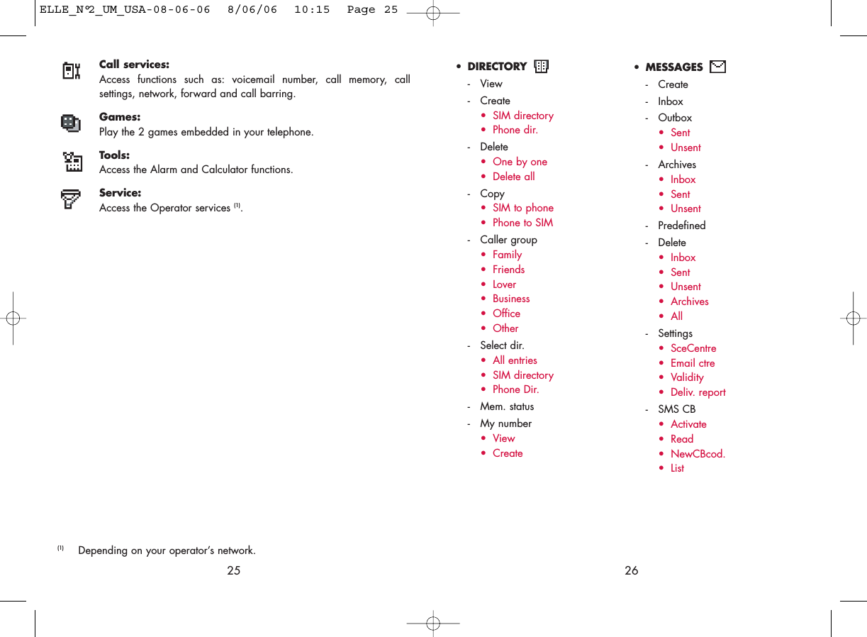 26• DIRECTORY - View- Create• SIM directory• Phone dir.- Delete• One by one• Delete all - Copy• SIM to phone• Phone to SIM- Caller group• Family• Friends• Lover• Business• Office • Other- Select dir.• All entries• SIM directory• Phone Dir.- Mem. status- My number• View• CreateCall services:Access functions such as: voicemail number, call memory, callsettings, network, forward and call barring.Games:Play the 2 games embedded in your telephone.Tools:Access the Alarm and Calculator functions.Service:Access the Operator services (1).25(1) Depending on your operator’s network.• MESSAGES - Create- Inbox- Outbox• Sent• Unsent- Archives• Inbox• Sent• Unsent- Predefined- Delete • Inbox• Sent• Unsent• Archives• All- Settings• SceCentre• Email ctre• Validity• Deliv. report- SMS CB• Activate• Read• NewCBcod. •ListELLE_N°2_UM_USA-08-06-06  8/06/06  10:15  Page 25