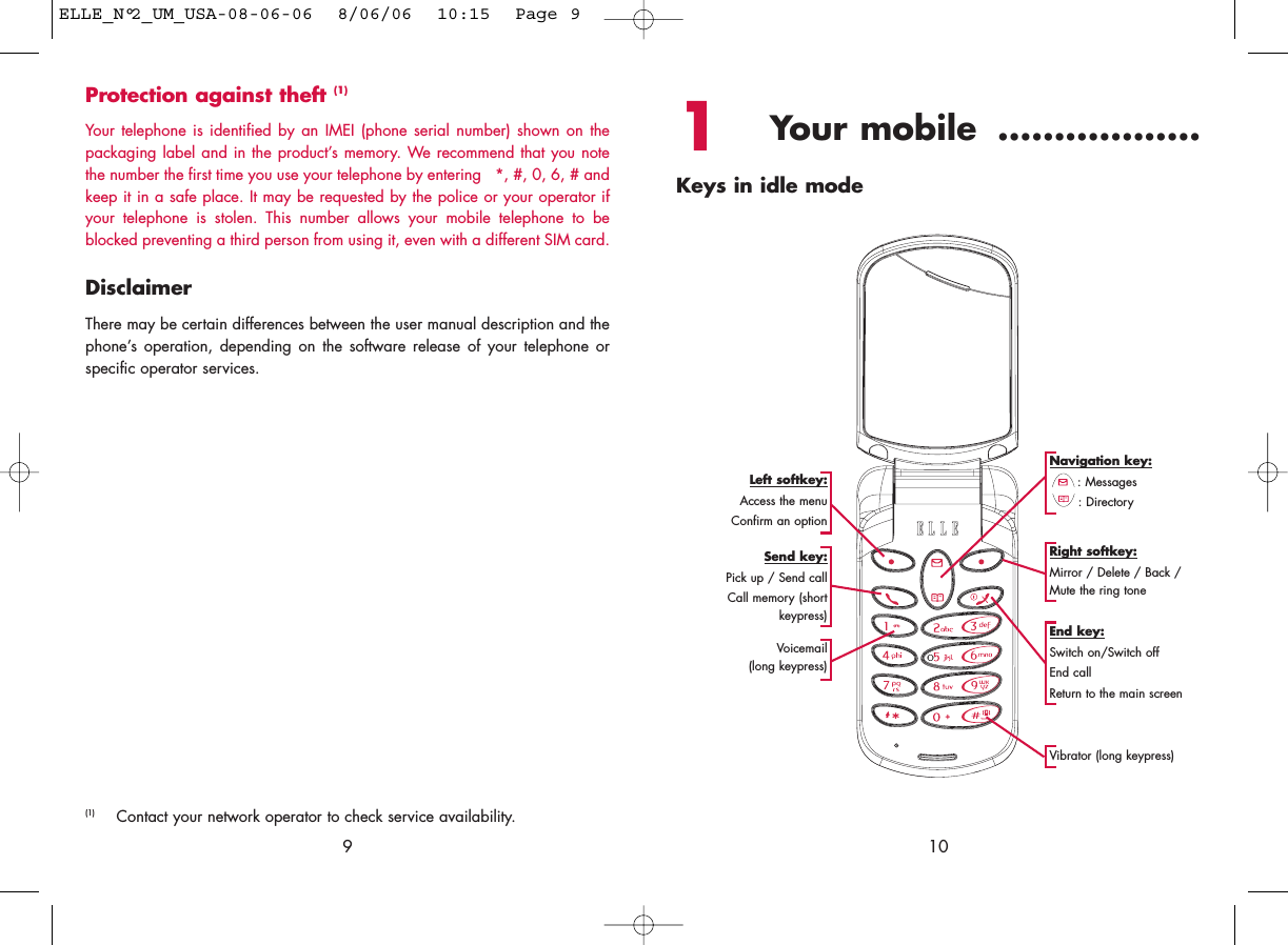 101Your mobile ..................Keys in idle modeNavigation key:: Messages: DirectoryEnd key:Switch on/Switch offEnd callReturn to the main screen Send key:Pick up / Send callCall memory (shortkeypress)Voicemail(long keypress)Vibrator (long keypress)Left softkey:Access the menuConfirm an optionRight softkey:Mirror / Delete / Back / Mute the ring toneProtection against theft (1)Your telephone is identified by an IMEI (phone serial number) shown on thepackaging label and in the product’s memory. We recommend that you notethe number the first time you use your telephone by entering   *, #, 0, 6, # andkeep it in a safe place. It may be requested by the police or your operator ifyour telephone is stolen. This number allows your mobile telephone to beblocked preventing a third person from using it, even with a different SIM card.DisclaimerThere may be certain differences between the user manual description and thephone’s operation, depending on the software release of your telephone orspecific operator services.9(1) Contact your network operator to check service availability.ELLE_N°2_UM_USA-08-06-06  8/06/06  10:15  Page 9