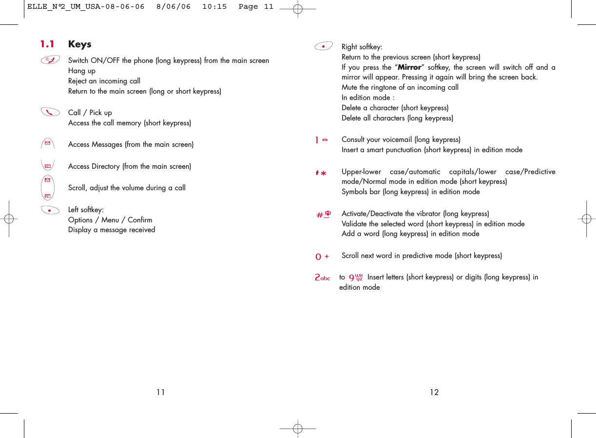 Right softkey:Return to the previous screen (short keypress)If you press the “Mirror” softkey, the screen will switch off and amirror will appear. Pressing it again will bring the screen back.Mute the ringtone of an incoming callIn edition mode : Delete a character (short keypress)Delete all characters (long keypress)Consult your voicemail (long keypress)Insert a smart punctuation (short keypress) in edition modeUpper-lower case/automatic capitals/lower case/Predictivemode/Normal mode in edition mode (short keypress)Symbols bar (long keypress) in edition modeActivate/Deactivate the vibrator (long keypress)Validate the selected word (short keypress) in edition modeAdd a word (long keypress) in edition modeScroll next word in predictive mode (short keypress)to  Insert letters (short keypress) or digits (long keypress) in edition mode12111.1 KeysSwitch ON/OFF the phone (long keypress) from the main screenHang upReject an incoming callReturn to the main screen (long or short keypress)Call / Pick upAccess the call memory (short keypress)Access Messages (from the main screen)Access Directory (from the main screen)Scroll, adjust the volume during a callLeft softkey:Options / Menu / ConfirmDisplay a message receivedELLE_N°2_UM_USA-08-06-06  8/06/06  10:15  Page 11