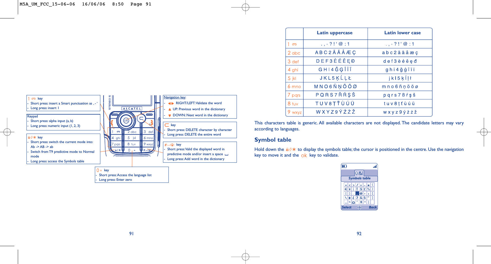 92This characters table is generic. All available characters are not displayed. The candidate letters may varyaccording to languages.Symbol tableHold down the  to display the symbols table; the cursor is positioned in the centre. Use the navigationkey to move it and the  key to validate.Symbols table91Navigation key:-RIGHT/LEFT:Validate the word-UP: Previous word in the dictionary-DOWN: Next word in the dictionarykey -Short press: insert a Smart punctuation as , - ‘ -Long press: insert 1Keypad-Short press: alpha input (a, b) -Long press: numeric input (1, 2, 3)key -Short press: switch the current mode into:Ab -&gt; AB -&gt; ab -Switch from T9 predictive mode to Normalmode-Long press: access the Symbols tablekey -Short press: DELETE character by character-Long press: DELETE the entire wordkey -Short press:Valid the displayed word inpredictive mode and/or insert a space -Long press:Add word in the dictionarykey -Short press:Access the language list-Long press: Enter zeroSelect BackLatin uppercase Latin lower caseM5A_UM_FCC_15-06-06  16/06/06  8:50  Page 91