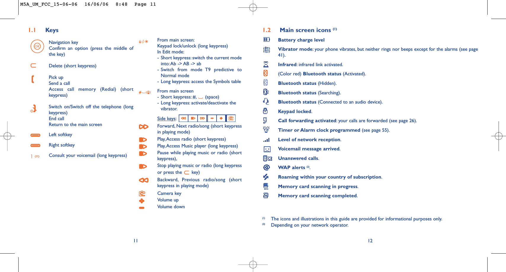 1.2 Main screen icons (1)Battery charge levelVibrator mode:your phone vibrates, but neither rings nor beeps except for the alarms (see page41).Infrared:infrared link activated.(Color red) Bluetooth status (Activated).Bluetooth status (Hidden).Bluetooth status (Searching).Bluetooth status (Connected to an audio device).Keypad locked.Call forwarding activated:your calls are forwarded (see page 26).Timer or Alarm clock programmed (see page 55).Level of network reception.Voicemail message arrived.Unanswered calls.WAP alerts (2).Roaming within your country of subscription.Memory card scanning in progress.Memory card scanning completed.12(1) The icons and illustrations in this guide are provided for informational purposes only.(2) Depending on your network operator.11Navigation keyConfirm an option (press the middle ofthe key)Delete (short keypress)Pick upSend a callAccess call memory (Redial) (shortkeypress)Switch on/Switch off the telephone (longkeypress)End callReturn to the main screen Left softkeyRight softkeyConsult your voicemail (long keypress)From main screen:Keypad lock/unlock (long keypress)In Edit mode:-Short keypress: switch the current modeinto:Ab -&gt; AB -&gt; ab -Switch from mode T9 predictive toNormal mode-Long keypress: access the Symbols tableFrom main screen-Short keypress: #, (space)-Long keypress: activate/deactivate thevibrator.Side keys:Forward, Next radio/song (short keypressin playing mode)Play, Access radio (short keypress)Play, Access Music player (long keypress)Pause while playing music or radio (shortkeypress),Stop playing music or radio (long keypressor press the  key)Backward, Previous radio/song (shortkeypress in playing mode)Camera keyVolume upVolume down1.1 KeysM5A_UM_FCC_15-06-06  16/06/06  8:48  Page 11