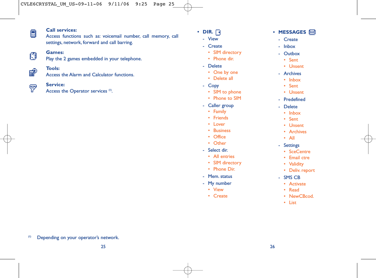 26• DIR.- View- Create• SIM directory• Phone dir.- Delete• One by one• Delete all - Copy• SIM to phone• Phone to SIM- Caller group• Family• Friends•Lover• Business• Office • Other- Select dir.• All entries• SIM directory• Phone Dir.- Mem. status- My number• View• CreateCall services:Access functions such as: voicemail number, call memory, callsettings, network, forward and call barring.Games:Play the 2 games embedded in your telephone.Tools:Access the Alarm and Calculator functions.Service:Access the Operator services (1).25(1) Depending on your operator’s network.• MESSAGES - Create- Inbox- Outbox• Sent• Unsent- Archives• Inbox• Sent• Unsent- Predefined- Delete • Inbox• Sent• Unsent• Archives• All- Settings• SceCentre• Email ctre• Validity• Deliv. report- SMS CB• Activate• Read• NewCBcod.• ListCVLE6CRYSTAL_UM_US-09-11-06  9/11/06  9:25  Page 25