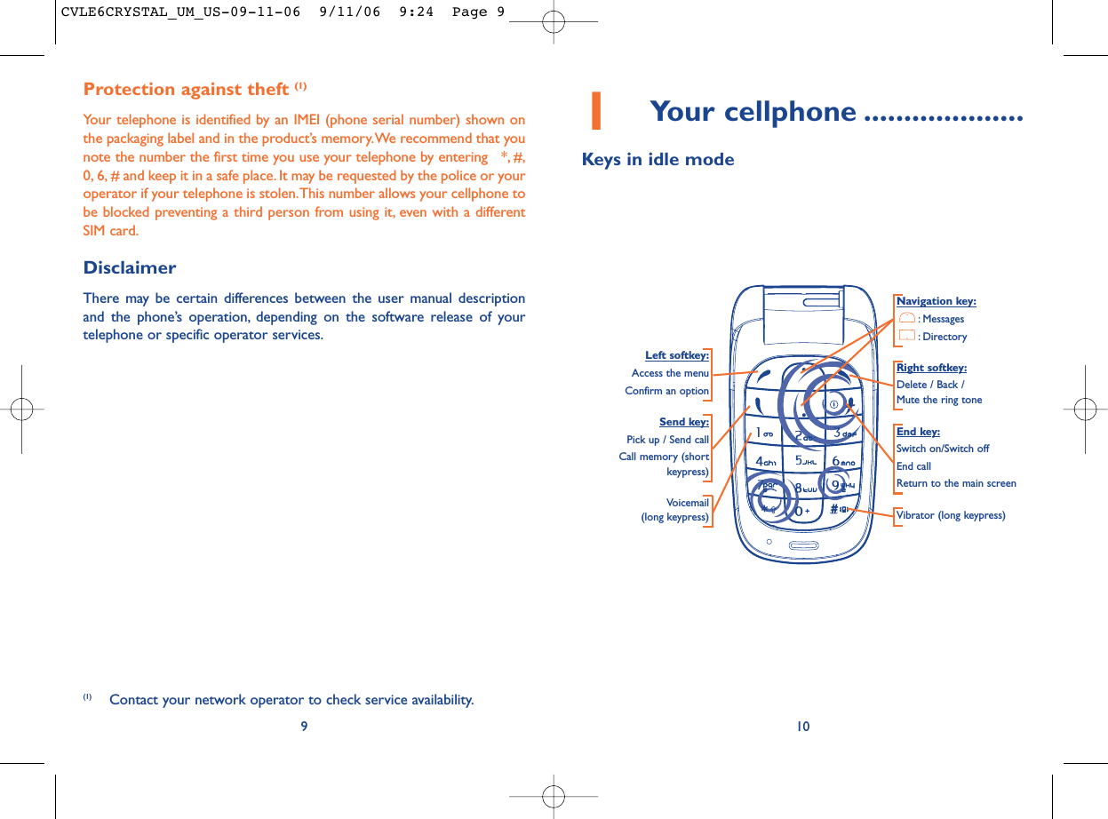 101Your cellphone ....................Keys in idle modeNavigation key:: Messages: DirectoryEnd key:Switch on/Switch offEnd callReturn to the main screen Send key:Pick up / Send callCall memory (shortkeypress)Voicemail(long keypress) Vibrator (long keypress)Left softkey:Access the menuConfirm an optionRight softkey:Delete / Back / Mute the ring toneProtection against theft (1)Your telephone is identified by an IMEI (phone serial number) shown onthe packaging label and in the product’s memory.We recommend that younote the number the first time you use your telephone by entering   *, #,0, 6, # and keep it in a safe place. It may be requested by the police or youroperator if your telephone is stolen.This number allows your cellphone tobe blocked preventing a third person from using it, even with a differentSIM card.DisclaimerThere may be certain differences between the user manual descriptionand the phone’s operation, depending on the software release of yourtelephone or specific operator services.9(1) Contact your network operator to check service availability.CVLE6CRYSTAL_UM_US-09-11-06  9/11/06  9:24  Page 9