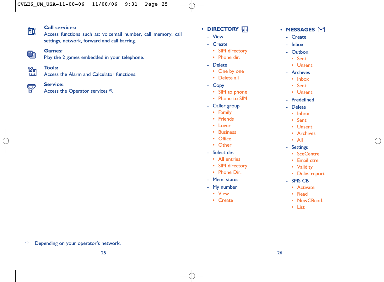 26• DIRECTORY - View- Create• SIM directory• Phone dir.- Delete• One by one• Delete all - Copy• SIM to phone• Phone to SIM- Caller group• Family• Friends• Lover• Business• Office • Other- Select dir.• All entries• SIM directory• Phone Dir.- Mem. status- My number• View• CreateCall services:Access functions such as: voicemail number, call memory, callsettings, network, forward and call barring.Games:Play the 2 games embedded in your telephone.Tools:Access the Alarm and Calculator functions.Service:Access the Operator services (1).25(1) Depending on your operator’s network.• MESSAGES - Create- Inbox- Outbox• Sent• Unsent- Archives• Inbox• Sent• Unsent- Predefined- Delete • Inbox• Sent• Unsent• Archives• All- Settings• SceCentre• Email ctre• Validity• Deliv. report- SMS CB• Activate• Read• NewCBcod. • ListCVLE6_UM_USA-11-08-06  11/08/06  9:31  Page 25