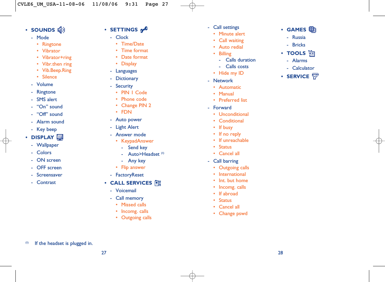 2827• SETTINGS - Clock• Time/Date• Time format• Date format• Display- Languages- Dictionary- Security• PIN 1 Code• Phone code• Change PIN 2• FDN- Auto power- Light Alert- Answer mode• KeypadAnswer- Send key- Auto&gt;Headset (1)- Any key• Flip answer- FactoryReset• CALL SERVICES - Voicemail- Call memory• Missed calls• Incomg. calls• Outgoing calls• GAMES - Russia- Bricks• TOOLS - Alarms- Calculator• SERVICE (1) If the headset is plugged in.• SOUNDS - Mode• Ringtone• Vibrator• Vibrator+ring• Vibr.then ring• Vib.Beep.Ring• Silence- Volume- Ringtone- SMS alert- “On” sound- “Off” sound- Alarm sound- Key beep• DISPLAY - Wallpaper- Colors- ON screen- OFF screen- Screensaver- Contrast- Call settings• Minute alert• Call waiting• Auto redial• Billing- Calls duration- Calls costs• Hide my ID- Network• Automatic• Manual• Preferred list- Forward• Unconditional• Conditional• If busy• If no reply• If unreachable• Status• Cancel all- Call barring• Outgoing calls• International • Int. but home• Incomg. calls • If abroad• Status• Cancel all• Change pswdCVLE6_UM_USA-11-08-06  11/08/06  9:31  Page 27