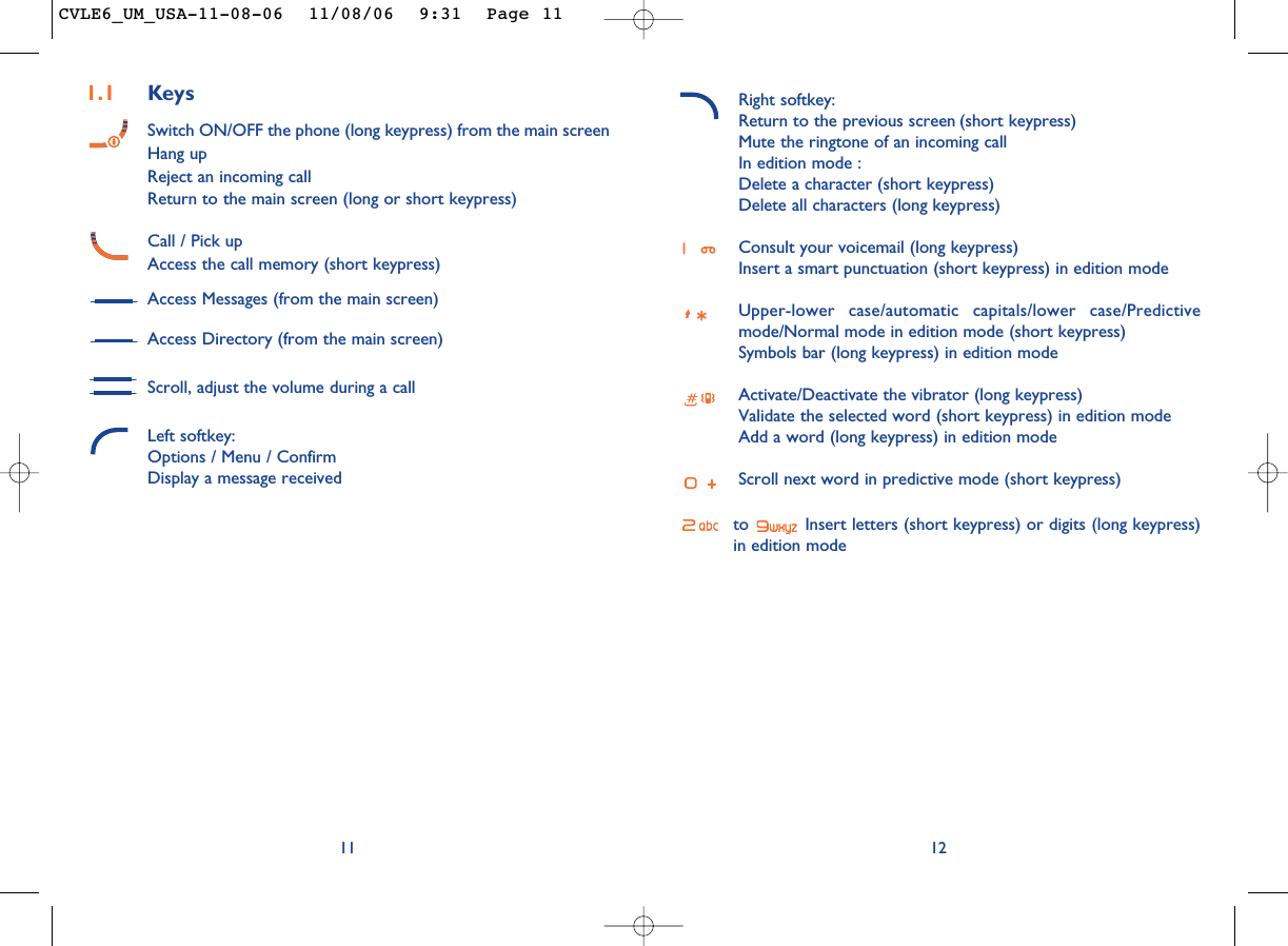 Right softkey:Return to the previous screen (short keypress)Mute the ringtone of an incoming callIn edition mode : Delete a character (short keypress)Delete all characters (long keypress)Consult your voicemail (long keypress)Insert a smart punctuation (short keypress) in edition modeUpper-lower case/automatic capitals/lower case/Predictivemode/Normal mode in edition mode (short keypress)Symbols bar (long keypress) in edition modeActivate/Deactivate the vibrator (long keypress)Validate the selected word (short keypress) in edition modeAdd a word (long keypress) in edition modeScroll next word in predictive mode (short keypress)to  Insert letters (short keypress) or digits (long keypress)in edition mode12111.1 KeysSwitch ON/OFF the phone (long keypress) from the main screenHang upReject an incoming callReturn to the main screen (long or short keypress)Call / Pick upAccess the call memory (short keypress)Access Messages (from the main screen)Access Directory (from the main screen)Scroll, adjust the volume during a callLeft softkey:Options / Menu / ConfirmDisplay a message receivedCVLE6_UM_USA-11-08-06  11/08/06  9:31  Page 11