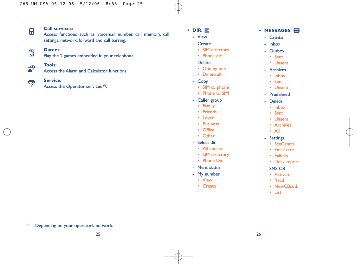 26• DIR.- View- Create• SIM directory• Phone dir.- Delete• One by one• Delete all - Copy• SIM to phone• Phone to SIM- Caller group• Family• Friends•Lover• Business• Office • Other- Select dir.• All entries• SIM directory• Phone Dir.- Mem. status- My number• View• CreateCall services:Access functions such as: voicemail number, call memory, callsettings, network, forward and call barring.Games:Play the 2 games embedded in your telephone.Tools:Access the Alarm and Calculator functions.Service:Access the Operator services (1).25(1) Depending on your operator’s network.• MESSAGES - Create- Inbox- Outbox• Sent• Unsent- Archives• Inbox• Sent• Unsent- Predefined- Delete • Inbox• Sent• Unsent• Archives• All- Settings• SceCentre• Email ctre• Validity• Deliv. report- SMS CB• Activate• Read• NewCBcod.• ListC65_UM_USA-05-12-06  5/12/06  8:53  Page 25