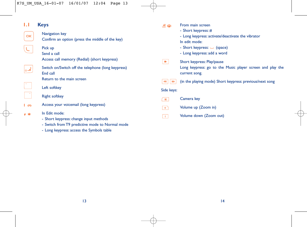 From main screen- Short keypress: #- Long keypress: activate/deactivate the vibratorIn edit mode:- Short keypress: (space)- Long keypress: add a wordShort keypress: Play/pause Long keypress: go to the Music player screen and play thecurrent song.(in the playing mode) Short keypress: previous/next song Side keys:Camera keyVolume up (Zoom in)Volume down (Zoom out)141.1 KeysNavigation keyConfirm an option (press the middle of the key)Pick upSend a callAccess call memory (Redial) (short keypress)Switch on/Switch off the telephone (long keypress)End callReturn to the main screen Left softkeyRight softkeyAccess your voicemail (long keypress)In Edit mode:- Short keypress: change input methods- Switch from T9 predictive mode to Normal mode- Long keypress: access the Symbols table13K7S_UM_USA_16-01-07  16/01/07  12:04  Page 13
