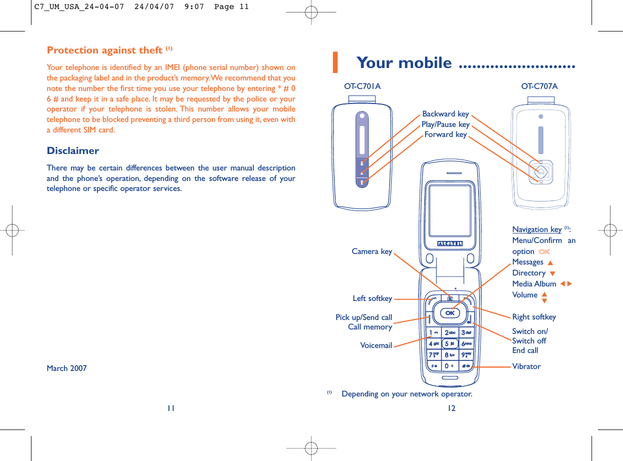 12(1) Depending on your network operator.1Your mobile ..........................OT-C701A OT-C707AVoicemailSwitch on/Switch offEnd callLeft softkeyRight softkeyPick up/Send callCall memoryNavigation key (1):Menu/Confirm anoption Messages Directory Media Album Volume VibratorCamera keyBackward keyPlay/Pause keyForward keyProtection against theft (1)Your telephone is identified by an IMEI (phone serial number) shown onthe packaging label and in the product’s memory.We recommend that younote the number the first time you use your telephone by entering * # 06 # and keep it in a safe place. It may be requested by the police or youroperator if your telephone is stolen. This number allows your mobiletelephone to be blocked preventing a third person from using it, even witha different SIM card.DisclaimerThere may be certain differences between the user manual descriptionand the phone’s operation, depending on the software release of yourtelephone or specific operator services.March 200711C7_UM_USA_24-04-07  24/04/07  9:07  Page 11