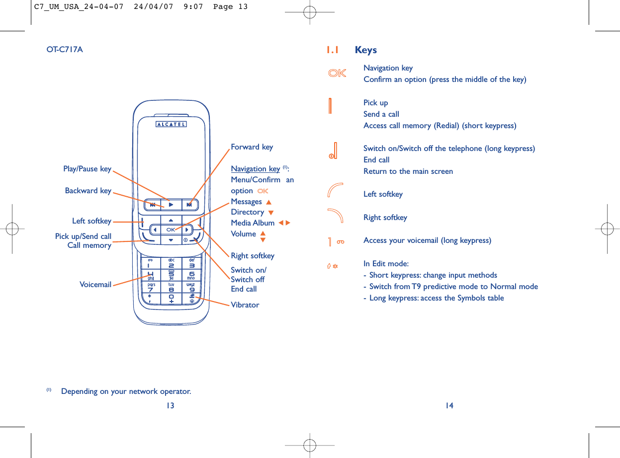 1.1 KeysNavigation keyConfirm an option (press the middle of the key)Pick upSend a callAccess call memory (Redial) (short keypress)Switch on/Switch off the telephone (long keypress)End callReturn to the main screen Left softkeyRight softkeyAccess your voicemail (long keypress)In Edit mode:- Short keypress: change input methods- Switch from T9 predictive mode to Normal mode- Long keypress: access the Symbols table1413OT-C717A(1) Depending on your network operator.VoicemailSwitch on/Switch offEnd callLeft softkeyRight softkeyPick up/Send callCall memoryNavigation key (1):Menu/Confirm anoption Messages Directory Media Album Volume VibratorBackward key Forward keyPlay/Pause keyC7_UM_USA_24-04-07  24/04/07  9:07  Page 13