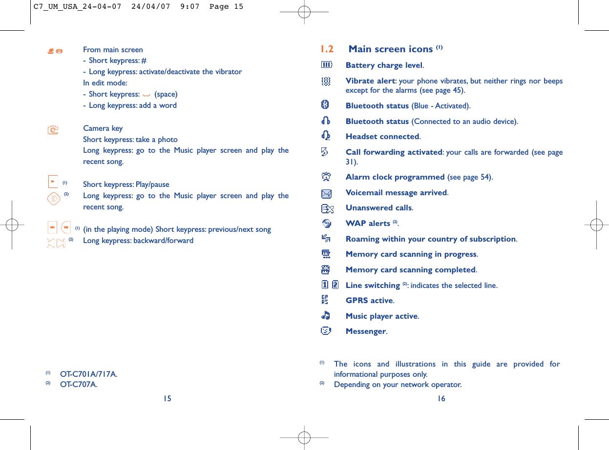 1.2 Main screen icons (1)Battery charge level.Vibrate alert: your phone vibrates, but neither rings nor beepsexcept for the alarms (see page 45).Bluetooth status (Blue - Activated).Bluetooth status (Connected to an audio device).Headset connected.Call forwarding activated: your calls are forwarded (see page31).Alarm clock programmed (see page 54).Voicemail message arrived.Unanswered calls.WAP alerts (2).Roaming within your country of subscription.Memory card scanning in progress.Memory card scanning completed.Line switching (2): indicates the selected line.GPRS active.Music player active.Messenger.16(1) The icons and illustrations in this guide are provided forinformational purposes only.(2) Depending on your network operator.From main screen- Short keypress: #- Long keypress: activate/deactivate the vibratorIn edit mode:- Short keypress: (space)- Long keypress: add a wordCamera keyShort keypress: take a photoLong keypress: go to the Music player screen and play therecent song.(1) Short keypress: Play/pause (2) Long keypress: go to the Music player screen and play therecent song.(1) (in the playing mode) Short keypress: previous/next song (2) Long keypress: backward/forward15(1) OT-C701A/717A.(2) OT-C707A.C7_UM_USA_24-04-07  24/04/07  9:07  Page 15