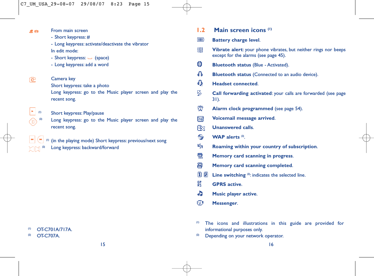 1.2 Main screen icons (1)Battery charge level.Vibrate alert: your phone vibrates, but neither rings nor beepsexcept for the alarms (see page 45).Bluetooth status (Blue - Activated).Bluetooth status (Connected to an audio device).Headset connected.Call forwarding activated: your calls are forwarded (see page31).Alarm clock programmed (see page 54).Voicemail message arrived.Unanswered calls.WAP alerts (2).Roaming within your country of subscription.Memory card scanning in progress.Memory card scanning completed.Line switching (2): indicates the selected line.GPRS active.Music player active.Messenger.16(1) The icons and illustrations in this guide are provided forinformational purposes only.(2) Depending on your network operator.From main screen- Short keypress: #- Long keypress: activate/deactivate the vibratorIn edit mode:- Short keypress: (space)- Long keypress: add a wordCamera keyShort keypress: take a photoLong keypress: go to the Music player screen and play therecent song.(1) Short keypress: Play/pause (2) Long keypress: go to the Music player screen and play therecent song.(1) (in the playing mode) Short keypress: previous/next song (2) Long keypress: backward/forward15(1) OT-C701A/717A.(2) OT-C707A.C7_UM_USA_29-08-07  29/08/07  8:23  Page 15