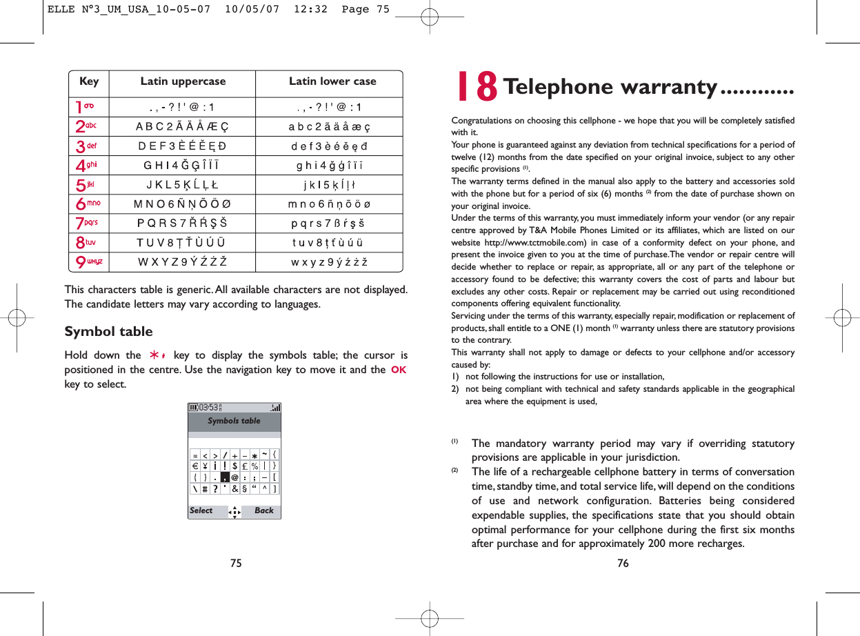 18Telephone warranty............Congratulations on choosing this cellphone - we hope that you will be completely satisfiedwith it.Your phone is guaranteed against any deviation from technical specifications for a period oftwelve (12) months from the date specified on your original invoice, subject to any otherspecific provisions (1).The warranty terms defined in the manual also apply to the battery and accessories soldwith the phone but for a period of six (6) months (2) from the date of purchase shown onyour original invoice.Under the terms of this warranty, you must immediately inform your vendor (or any repaircentre approved by T&amp;A Mobile Phones Limited or its affiliates, which are listed on ourwebsite http://www.tctmobile.com) in case of a conformity defect on your phone, andpresent the invoice given to you at the time of purchase.The vendor or repair centre willdecide whether to replace or repair, as appropriate, all or any part of the telephone oraccessory found to be defective; this warranty covers the cost of parts and labour butexcludes any other costs. Repair or replacement may be carried out using reconditionedcomponents offering equivalent functionality.Servicing under the terms of this warranty, especially repair, modification or replacement ofproducts, shall entitle to a ONE (1) month (1) warranty unless there are statutory provisionsto the contrary.This warranty shall not apply to damage or defects to your cellphone and/or accessorycaused by:1) not following the instructions for use or installation,2) not being compliant with technical and safety standards applicable in the geographicalarea where the equipment is used,76(1) The mandatory warranty period may vary if overriding statutoryprovisions are applicable in your jurisdiction.(2) The life of a rechargeable cellphone battery in terms of conversationtime, standby time, and total service life, will depend on the conditionsof use and network configuration. Batteries being consideredexpendable supplies, the specifications state that you should obtainoptimal performance for your cellphone during the first six monthsafter purchase and for approximately 200 more recharges.This characters table is generic. All available characters are not displayed.The candidate letters may vary according to languages.Symbol tableHold down the  key to display the symbols table; the cursor ispositioned in the centre. Use the navigation key to move it and the key to select.75Symbols table Key Latin uppercase Latin lower caseSelect BackELLE N°3_UM_USA_10-05-07  10/05/07  12:32  Page 75