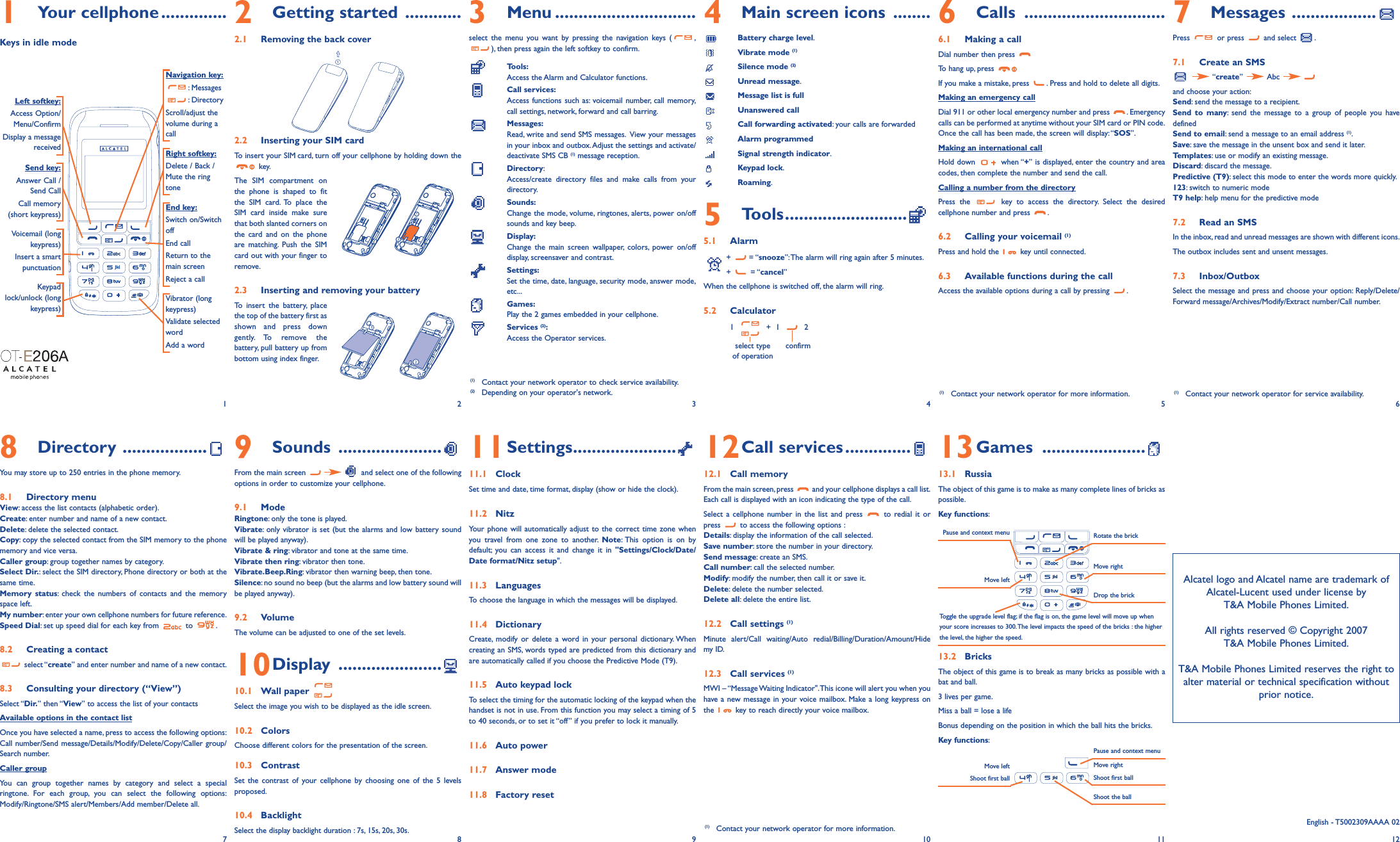 1Your cellphone ..............Keys in idle mode2Getting started ............2.1 Removing the back cover2.2 Inserting your SIM cardTo insert your SIM card, turn off your cellphone by holding down thekey.The SIM compartment onthe phone is shaped to fitthe SIM card. To place theSIM card inside make surethat both slanted corners onthe card and on the phoneare matching. Push the SIMcard out with your finger toremove.2.3 Inserting and removing your batteryTo insert the battery, placethe top of the battery first asshown and press downgently. To remove thebattery, pull battery up frombottom using index finger.9Sounds ......................From the main screen  and select one of the followingoptions in order to customize your cellphone.9.1 Mode Ringtone: only the tone is played.Vibrate: only vibrator is set (but the alarms and low battery soundwill be played anyway).Vibrate &amp; ring: vibrator and tone at the same time.Vibrate then ring: vibrator then tone.Vibrate.Beep.Ring: vibrator then warning beep, then tone.Silence: no sound no beep (but the alarms and low battery sound willbe played anyway).9.2 VolumeThe volume can be adjusted to one of the set levels.10Display ......................10.1 Wall paper Select the image you wish to be displayed as the idle screen.10.2 ColorsChoose different colors for the presentation of the screen.10.3 ContrastSet the contrast of your cellphone by choosing one of the 5 levelsproposed.10.4 BacklightSelect the display backlight duration : 7s, 15s, 20s, 30s.3Menu ..............................select the menu you want by pressing the navigation keys ( ,), then press again the left softkey to confirm.Tools:Access the Alarm and Calculator functions.Call services:Access functions such as: voicemail number, call memory,call settings, network, forward and call barring.Messages:Read, write and send SMS messages. View your messagesin your inbox and outbox.Adjust the settings and activate/deactivate SMS CB (1) message reception.Directory:Access/create directory files and make calls from yourdirectory.Sounds:Change the mode, volume, ringtones, alerts, power on/offsounds and key beep.Display:Change the main screen wallpaper, colors, power on/offdisplay, screensaver and contrast.Settings:Set the time, date, language, security mode, answer mode,etc...Games:Play the 2 games embedded in your cellphone.Services (2):Access the Operator services.11Settings......................11.1 ClockSet time and date, time format, display (show or hide the clock).11.2 NitzYour phone will automatically adjust to the correct time zone whenyou travel from one zone to another. Note: This option is on bydefault; you can access it and change it in &quot;Settings/Clock/Date/Date format/Nitz setup&quot;.11.3 LanguagesTo choose the language in which the messages will be displayed.11.4 DictionaryCreate, modify or delete a word in your personal dictionary. Whencreating an SMS, words typed are predicted from this dictionary andare automatically called if you choose the Predictive Mode (T9).11.5 Auto keypad lockTo select the timing for the automatic locking of the keypad when thehandset is not in use. From this function you may select a timing of 5to 40 seconds, or to set it “off” if you prefer to lock it manually.11.6 Auto power11.7 Answer mode11.8 Factory reset4Main screen icons ........Battery charge level.Vibrate mode (1)Silence mode (2)Unread message.Message list is fullUnanswered callCall forwarding activated: your calls are forwardedAlarm programmedSignal strength indicator.Keypad lock.Roaming.5Tools..........................5.1 Alarm+ = “snooze”:The alarm will ring again after 5 minutes.+ = “cancel”When the cellphone is switched off, the alarm will ring.5.2 Calculator1   +  1   2select type confirmof operation12Call services ..............12.1 Call memoryFrom the main screen, press  and your cellphone displays a call list.Each call is displayed with an icon indicating the type of the call.Select a cellphone number in the list and press  to redial it orpress  to access the following options :Details: display the information of the call selected.Save number: store the number in your directory.Send message: create an SMS.Call number: call the selected number.Modify: modify the number, then call it or save it.Delete: delete the number selected.Delete all: delete the entire list.12.2 Call settings (1)Minute alert/Call waiting/Auto redial/Billing/Duration/Amount/Hidemy ID.12.3 Call services (1)MWI – “Message Waiting Indicator&quot;.This icone will alert you when youhave a new message in your voice mailbox. Make a long keypress onthe  key to reach directly your voice mailbox.6Calls ..............................6.1 Making a callDial number then press To hang up, press If you make a mistake, press  . Press and hold to delete all digits.Making an emergency callDial 911 or other local emergency number and press  . Emergencycalls can be performed at anytime without your SIM card or PIN code.Once the call has been made, the screen will display: “SOS”.Making an international callHold down  when “+” is displayed, enter the country and areacodes, then complete the number and send the call.Calling a number from the directoryPress the  key to access the directory. Select the desiredcellphone number and press  .6.2 Calling your voicemail (1)Press and hold the  key until connected.6.3 Available functions during the callAccess the available options during a call by pressing  .13Games ......................13.1 RussiaThe object of this game is to make as many complete lines of bricks aspossible.Key functions:13.2 BricksThe object of this game is to break as many bricks as possible with abat and ball.3 lives per game.Miss a ball = lose a lifeBonus depending on the position in which the ball hits the bricks.Key functions:7Messages ..................Press or press and select .7.1 Create an SMS“create” Abc and choose your action:Send: send the message to a recipient.Send to many: send the message to a group of people you havedefinedSend to email: send a message to an email address (1).Save: save the message in the unsent box and send it later.Templates: use or modify an existing message.Discard: discard the message.Predictive (T9): select this mode to enter the words more quickly.123: switch to numeric modeT9 help: help menu for the predictive mode7.2 Read an SMSIn the inbox, read and unread messages are shown with different icons.The outbox includes sent and unsent messages.7.3 Inbox/OutboxSelect the message and press and choose your option: Reply/Delete/Forward message/Archives/Modify/Extract number/Call number.1 2(1) Contact your network operator to check service availability.(2) Depending on your operator&apos;s network.34568Directory ..................You may store up to 250 entries in the phone memory.8.1 Directory menuView: access the list contacts (alphabetic order).Create: enter number and name of a new contact.Delete: delete the selected contact.Copy: copy the selected contact from the SIM memory to the phonememory and vice versa.Caller group: group together names by category.Select Dir.: select the SIM directory, Phone directory or both at thesame time.Memory status: check the numbers of contacts and the memoryspace left.My number: enter your own cellphone numbers for future reference.Speed Dial: set up speed dial for each key from  to  .8.2 Creating a contactselect “create” and enter number and name of a new contact.8.3 Consulting your directory (“View”)Select “Dir.” then “View” to access the list of your contactsAvailable options in the contact listOnce you have selected a name, press to access the following options:Call number/Send message/Details/Modify/Delete/Copy/Caller group/Search number.Caller groupYou can group together names by category and select a specialringtone. For each group, you can select the following options:Modify/Ringtone/SMS alert/Members/Add member/Delete all.78910Pause and context menuMove leftRotate the brickMove rightDrop the brickToggle the upgrade level flag; if the flag is on, the game level will move up whenyour score increases to 300.The level impacts the speed of the bricks : the higherthe level, the higher the speed.Move left Shoot first ballPause and context menuMove rightShoot first ballShoot the ballAlcatel logo and Alcatel name are trademark of Alcatel-Lucent used under license by T&amp;A Mobile Phones Limited.All rights reserved © Copyright 2007T&amp;A Mobile Phones Limited.T&amp;A Mobile Phones Limited reserves the right toalter material or technical specification withoutprior notice.11 12(1) Contact your network operator for more information. (1) Contact your network operator for service availability.(1) Contact your network operator for more information. English - T5002309AAAA 02Navigation key:: Messages: DirectoryScroll/adjust thevolume during acallEnd key:Switch on/SwitchoffEnd callReturn to themain screen Reject a callSend key:Answer Call /Send CallCall memory(short keypress)Voicemail (longkeypress)Insert a smartpunctuationVibrator (longkeypress)Validate selectedwordAdd a wordLeft softkey:Access Option/Menu/ConfirmDisplay a messagereceived Right softkey:Delete / Back / Mute the ringtoneKeypadlock/unlock (longkeypress)
