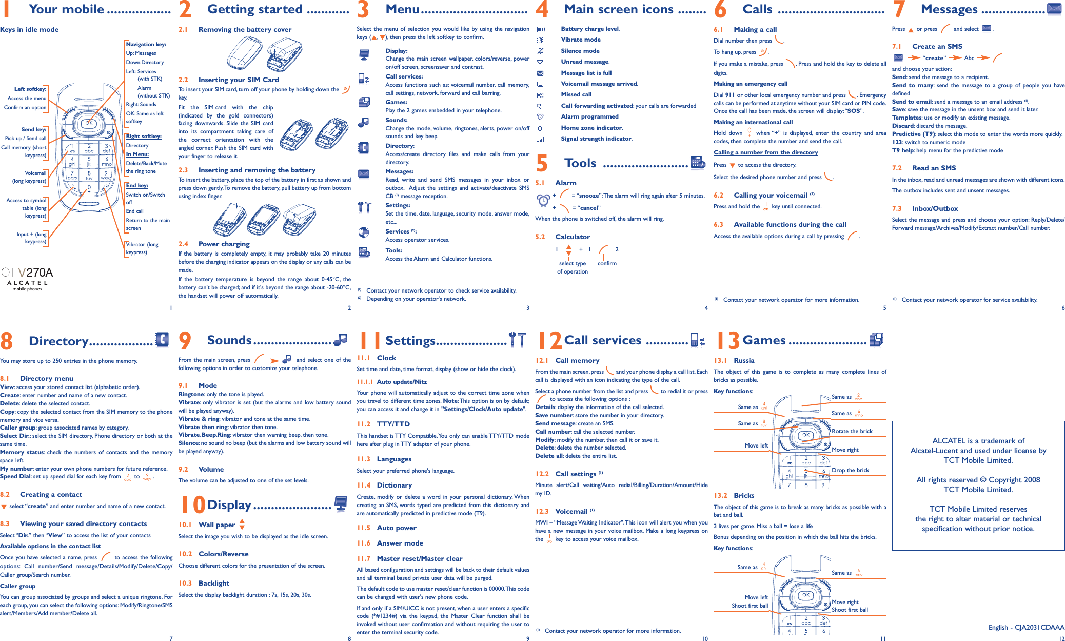 1Your mobile ..................Keys in idle mode2Getting started ............2.1 Removing the battery cover2.2 Inserting your SIM CardTo insert your SIM card, turn off your phone by holding down the key.Fit the SIM card with the chip(indicated by the gold connectors)facing downwards. Slide the SIM cardinto its compartment taking care ofthe correct orientation with theangled corner. Push the SIM card withyour finger to release it.2.3 Inserting and removing the batteryTo insert the battery, place the top of the battery in first as shown andpress down gently.To remove the battery, pull battery up from bottomusing index finger.2.4 Power chargingIf the battery is completely empty, it may probably take 20 minutesbefore the charging indicator appears on the display or any calls can bemade.If the battery temperature is beyond the range about 0-45°C, thebattery can&apos;t be charged; and if it&apos;s beyond the range about -20-60°C,the handset will power off automatically.9Sounds......................From the main screen, press  and select one of thefollowing options in order to customize your telephone.9.1 Mode Ringtone: only the tone is played.Vibrate: only vibrator is set (but the alarms and low battery soundwill be played anyway).Vibrate &amp; ring: vibrator and tone at the same time.Vibrate then ring: vibrator then tone.Vibrate.Beep.Ring: vibrator then warning beep, then tone.Silence: no sound no beep (but the alarms and low battery sound willbe played anyway).9.2 VolumeThe volume can be adjusted to one of the set levels.10Display ......................10.1 Wall paper Select the image you wish to be displayed as the idle screen.10.2 Colors/ReverseChoose different colors for the presentation of the screen.10.3 BacklightSelect the display backlight duration : 7s, 15s, 20s, 30s.3Menu..............................Select the menu of selection you would like by using the navigationkeys ( , ), then press the left softkey to confirm.Display:Change the main screen wallpaper, colors/reverse, poweron/off screen, screensaver and contrast.Call services:Access functions such as: voicemail number, call memory,call settings, network, forward and call barring.Games:Play the 2 games embedded in your telephone.Sounds:Change the mode, volume, ringtones, alerts, power on/offsounds and key beep.Directory:Access/create directory files and make calls from yourdirectory.Messages:Read, write and send SMS messages in your inbox oroutbox. Adjust the settings and activate/deactivate SMS CB (1) message reception.Settings:Set the time, date, language, security mode, answer mode,etc...Services (2):Access operator services.Tools:Access the Alarm and Calculator functions.11Settings....................11.1 ClockSet time and date, time format, display (show or hide the clock).11.1.1 Auto update/NitzYour phone will automatically adjust to the correct time zone whenyou travel to different time zones. Note: This option is on by default;you can access it and change it in &quot;Settings/Clock/Auto update&quot;.11.2 TTY/TTDThis handset is TTY Compatible.You only can enable TTY/TTD modehere after plug in TTY adapter of your phone.11.3 LanguagesSelect your preferred phone&apos;s language.11.4 DictionaryCreate, modify or delete a word in your personal dictionary. Whencreating an SMS, words typed are predicted from this dictionary andare automatically predicted in predictive mode (T9).11.5 Auto power11.6 Answer mode11.7 Master reset/Master clearAll based configuration and settings will be back to their default valuesand all terminal based private user data will be purged.The default code to use master reset/clear function is 00000.This codecan be changed with user&apos;s new phone code.If and only if a SIM/UICC is not present, when a user enters a specificcode (*#1234#) via the keypad, the Master Clear function shall beinvoked without user confirmation and without requiring the user toenter the terminal security code.4Main screen icons ........Battery charge level.Vibrate modeSilence modeUnread message.Message list is fullVoicemail message arrived.Missed callCall forwarding activated: your calls are forwardedAlarm programmedHome zone indicator.Signal strength indicator.5Tools ........................5.1 Alarm+ = “snooze”:The alarm will ring again after 5 minutes.+ = “cancel”When the phone is switched off, the alarm will ring.5.2 Calculator1   +   1    2select type confirmof operation12Call services ............12.1 Call memoryFrom the main screen, press  and your phone display a call list. Eachcall is displayed with an icon indicating the type of the call.Select a phone number from the list and press  to redial it or pressto access the following options :Details: display the information of the call selected.Save number: store the number in your directory.Send message: create an SMS.Call number: call the selected number.Modify: modify the number, then call it or save it.Delete: delete the number selected.Delete all: delete the entire list.12.2 Call settings (1)Minute alert/Call waiting/Auto redial/Billing/Duration/Amount/Hidemy ID.12.3 Voicemail (1)MWI – “Message Waiting Indicator&quot;.This icon will alert you when youhave a new message in your voice mailbox. Make a long keypress onthe  key to access your voice mailbox.6Calls ..............................6.1 Making a callDial number then press  .To hang up, press  .If you make a mistake, press  . Press and hold the key to delete alldigits.Making an emergency call Dial 911 or other local emergency number and press  . Emergencycalls can be performed at anytime without your SIM card or PIN code.Once the call has been made, the screen will display: “SOS”.Making an international callHold down  when “+” is displayed, enter the country and areacodes, then complete the number and send the call.Calling a number from the directoryPress  to access the directory.Select the desired phone number and press  .6.2 Calling your voicemail (1)Press and hold the  key until connected.6.3 Available functions during the callAccess the available options during a call by pressing  .13Games ......................13.1 RussiaThe object of this game is to complete as many complete lines ofbricks as possible.Key functions:13.2 BricksThe object of this game is to break as many bricks as possible with abat and ball.3 lives per game. Miss a ball = lose a lifeBonus depending on the position in which the ball hits the bricks.Key functions:7Messages ..................Press or press  and select  .7.1 Create an SMS“create” Abc and choose your action:Send: send the message to a recipient.Send to many: send the message to a group of people you havedefinedSend to email: send a message to an email address (1).Save: save the message in the unsent box and send it later.Templates: use or modify an existing message.Discard: discard the message.Predictive (T9): select this mode to enter the words more quickly.123: switch to numeric modeT9 help: help menu for the predictive mode7.2 Read an SMSIn the inbox, read and unread messages are shown with different icons.The outbox includes sent and unsent messages.7.3 Inbox/OutboxSelect the message and press and choose your option: Reply/Delete/Forward message/Archives/Modify/Extract number/Call number.Navigation key:Up: MessagesDown:DirectoryLeft: Services (with STK)Alarm (without STK)Right: SoundsOK: Same as leftsoftkeyEnd key:Switch on/SwitchoffEnd callReturn to the mainscreen Send key:Pick up / Send callCall memory (shortkeypress)Voicemail(long keypress)Vibrator (longkeypress)Left softkey:Access the menuConfirm an optionRight softkey:DirectoryIn Menu:Delete/Back/Mutethe ring tone1 2(1) Contact your network operator to check service availability.(2) Depending on your operator&apos;s network.34568Directory..................You may store up to 250 entries in the phone memory.8.1 Directory menuView: access your stored contact list (alphabetic order).Create: enter number and name of a new contact.Delete: delete the selected contact.Copy: copy the selected contact from the SIM memory to the phonememory and vice versa.Caller group: group associated names by category.Select Dir.: select the SIM directory, Phone directory or both at thesame time.Memory status: check the numbers of contacts and the memoryspace left.My number: enter your own phone numbers for future reference.Speed Dial: set up speed dial for each key from  to  .8.2 Creating a contactselect “create” and enter number and name of a new contact.8.3 Viewing your saved directory contactsSelect “Dir.” then “View” to access the list of your contactsAvailable options in the contact listOnce you have selected a name, press  to access the followingoptions: Call number/Send message/Details/Modify/Delete/Copy/Caller group/Search number.Caller groupYou can group associated by groups and select a unique ringtone. Foreach group, you can select the following options: Modify/Ringtone/SMSalert/Members/Add member/Delete all.78910Same as Move leftRotate the brickMove rightDrop the brickALCATEL is a trademark of Alcatel-Lucent and used under license by TCT Mobile Limited.All rights reserved © Copyright 2008TCT Mobile Limited.TCT Mobile Limited reserves the right to alter material or technical specification without prior notice.11 12(1) Contact your network operator for more information. (1) Contact your network operator for service availability.(1) Contact your network operator for more information.Same as Same as Same as Same as Move leftShoot first ball Move rightShoot first ballSame as Access to symboltable (longkeypress)English - CJA2031CDAAA Input + (longkeypress)