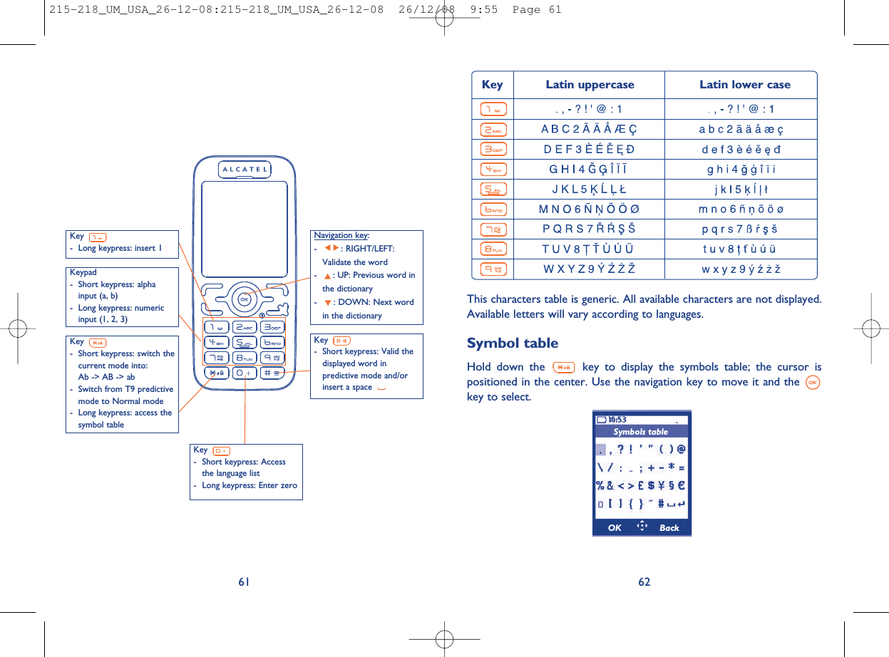 This characters table is generic. All available characters are not displayed.Available letters will vary according to languages.Symbol tableHold down the key to display the symbols table; the cursor ispositioned in the center. Use the navigation key to move it and thekey to select.62Symbols tableKey Latin uppercase Latin lower caseOK Back61Key- Long keypress: insert 1Key- Short keypress: Accessthe language list- Long keypress: Enter zeroKey- Short keypress: Valid thedisplayed word inpredictive mode and/orinsert a spaceNavigation key:- : RIGHT/LEFT:Validate the word- : UP: Previous word inthe dictionary- : DOWN: Next wordin the dictionaryKeypad- Short keypress: alphainput (a, b)- Long keypress: numericinput (1, 2, 3)Key- Short keypress: switch thecurrent mode into:Ab -&gt; AB -&gt; ab- Switch from T9 predictivemode to Normal mode- Long keypress: access thesymbol table215-218_UM_USA_26-12-08:215-218_UM_USA_26-12-08  26/12/08  9:55  Page 61