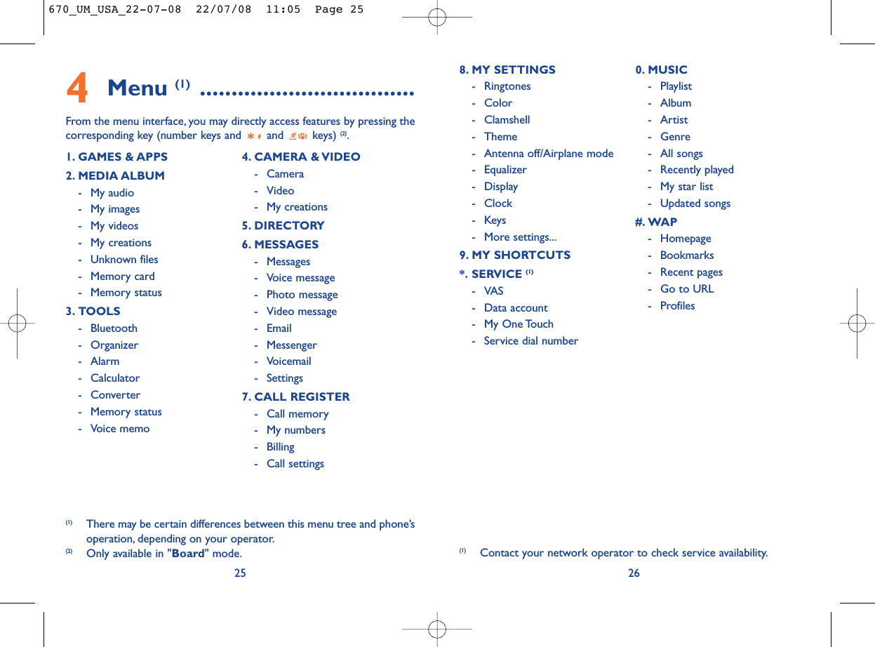 268. MY SETTINGS - Ringtones- Color- Clamshell- Theme- Antenna off/Airplane mode- Equalizer- Display- Clock-Keys- More settings...9. MY SHORTCUTS*. SERVICE (1)- VAS - Data account- My One Touch- Service dial number0. MUSIC- Playlist- Album- Artist- Genre- All songs- Recently played- My star list- Updated songs#. WAP- Homepage- Bookmarks- Recent pages- Go to URL- Profiles(1) Contact your network operator to check service availability.4Menu (1) ..................................From the menu interface, you may directly access features by pressing thecorresponding key (number keys and  and  keys) (2).251. GAMES &amp; APPS2. MEDIA ALBUM- My audio- My images- My videos- My creations- Unknown files- Memory card - Memory status3. TOOLS- Bluetooth- Organizer- Alarm- Calculator- Converter- Memory status- Voice memo4. CAMERA &amp; VIDEO- Camera- Video- My creations5. DIRECTORY6. MESSAGES- Messages- Voice message- Photo message- Video message- Email- Messenger- Voicemail- Settings7. CALL REGISTER- Call memory- My numbers- Billing- Call settings(1) There may be certain differences between this menu tree and phone’soperation, depending on your operator.(2) Only available in &quot;Board&quot; mode.670_UM_USA_22-07-08  22/07/08  11:05  Page 25