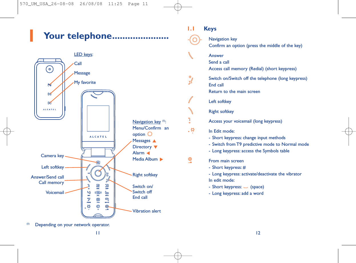 121.1 KeysNavigation keyConfirm an option (press the middle of the key)AnswerSend a callAccess call memory (Redial) (short keypress)Switch on/Switch off the telephone (long keypress)End callReturn to the main screen Left softkeyRight softkeyAccess your voicemail (long keypress)In Edit mode:- Short keypress: change input methods- Switch from T9 predictive mode to Normal mode- Long keypress: access the Symbols tableFrom main screen- Short keypress: #- Long keypress: activate/deactivate the vibratorIn edit mode:- Short keypress: (space)- Long keypress: add a word1Your telephone......................11VoicemailSwitch on/Switch offEnd callLeft softkeyRight softkeyAnswer/Send callCall memoryNavigation key (1):Menu/Confirm anoption Messages Directory Alarm Media Album Vibration alertCamera keyLED keys:CallMessageMy favorite(1) Depending on your network operator.570_UM_USA_26-08-08  26/08/08  11:25  Page 11