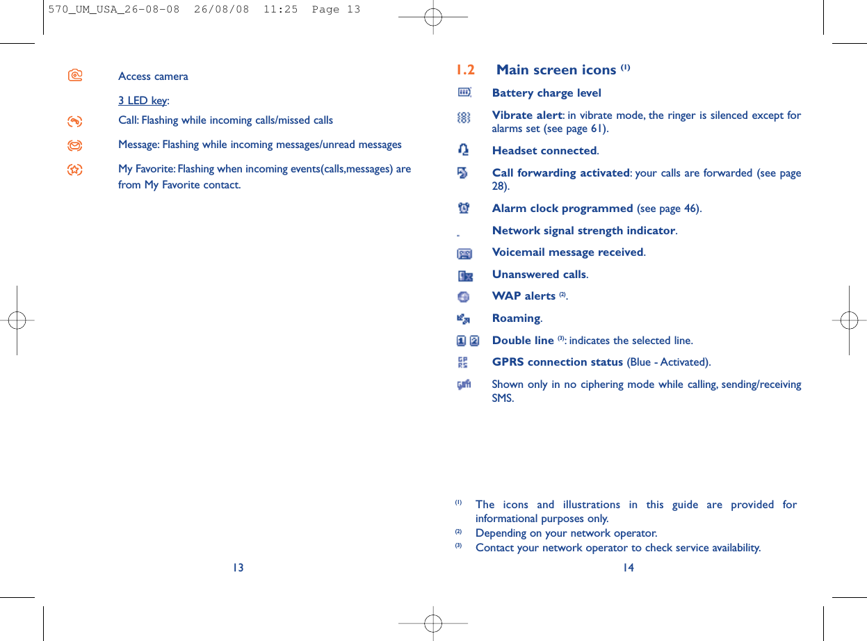 1.2 Main screen icons (1)Battery charge levelVibrate alert: in vibrate mode, the ringer is silenced except foralarms set (see page 61).Headset connected.Call forwarding activated: your calls are forwarded (see page28).Alarm clock programmed (see page 46).Network signal strength indicator.Voicemail message received.Unanswered calls.WAP alerts (2).Roaming.Double line (3): indicates the selected line.GPRS connection status (Blue - Activated).Shown only in no ciphering mode while calling, sending/receivingSMS.14(1) The icons and illustrations in this guide are provided forinformational purposes only.(2) Depending on your network operator.(3) Contact your network operator to check service availability.Access camera3 LED key:Call: Flashing while incoming calls/missed callsMessage: Flashing while incoming messages/unread messagesMy Favorite: Flashing when incoming events(calls,messages) arefrom My Favorite contact.13570_UM_USA_26-08-08  26/08/08  11:25  Page 13