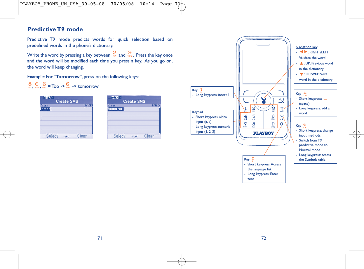72Key - Long keypress: insert 1Key - Short keypress:Accessthe language list- Long keypress: EnterzeroKey - Short keypress:(space)- Long keypress: add awordNavigation key:- : RIGHT/LEFT:Validate the word- : UP: Previous wordin the dictionary- : DOWN: Nextword in the dictionaryKeypad- Short keypress: alphainput (a, b) - Long keypress: numericinput (1, 2, 3)Key - Short keypress: changeinput methods- Switch from T9predictive mode toNormal mode- Long keypress: accessthe Symbols tablePredictive T9  modePredictive T9 mode predicts words for quick selection based onpredefined words in the phone&apos;s dictionary.Write the word by pressing a key between  and  . Press the key onceand the word will be modified each time you press a key. As you go on,the word will keep changing.Example: For “Tomorrow”, press on the following keys:, , = Too  -&gt;  -&gt; tomorrow71CCrreeaattee  SSMMSSSSeelleeccttCClleeaarrCCrreeaattee  SSMMSSSSeelleeccttCClleeaarrPLAYBOY_PHONE_UM_USA_30-05-08  30/05/08  10:14  Page 71