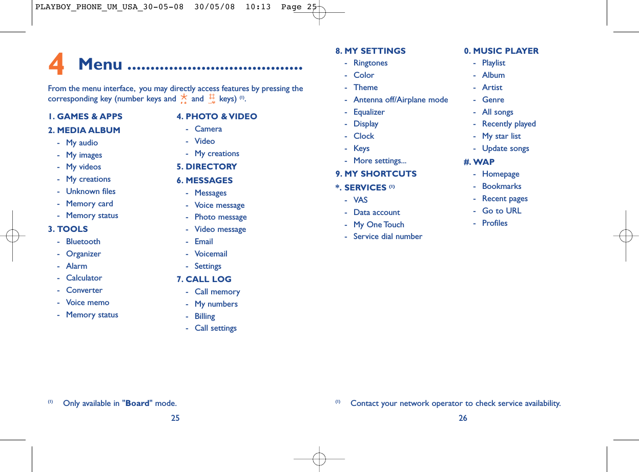 268. MY SETTINGS - Ringtones- Color- Theme- Antenna off/Airplane mode- Equalizer- Display- Clock-Keys- More settings...9. MY SHORTCUTS*. SERVICES (1)-VAS- Data account- My One Touch- Service dial number0. MUSIC PLAYER- Playlist- Album- Artist- Genre- All songs- Recently played- My star list- Update songs#. WAP- Homepage- Bookmarks- Recent pages- Go to URL- Profiles(1) Contact your network operator to check service availability.4Menu ......................................From the menu interface, you may directly access features by pressing thecorresponding key (number keys and  and  keys) (1).251. GAMES &amp; APPS2. MEDIA ALBUM- My audio- My images- My videos- My creations- Unknown files- Memory card - Memory status3. TOOLS- Bluetooth- Organizer- Alarm- Calculator- Converter- Voice memo- Memory status4. PHOTO &amp; VIDEO- Camera- Video- My creations5. DIRECTORY6. MESSAGES- Messages- Voice message- Photo message- Video message- Email- Voicemail- Settings7. CALL LOG- Call memory- My numbers- Billing- Call settings(1) Only available in &quot;Board&quot; mode.PLAYBOY_PHONE_UM_USA_30-05-08  30/05/08  10:13  Page 25